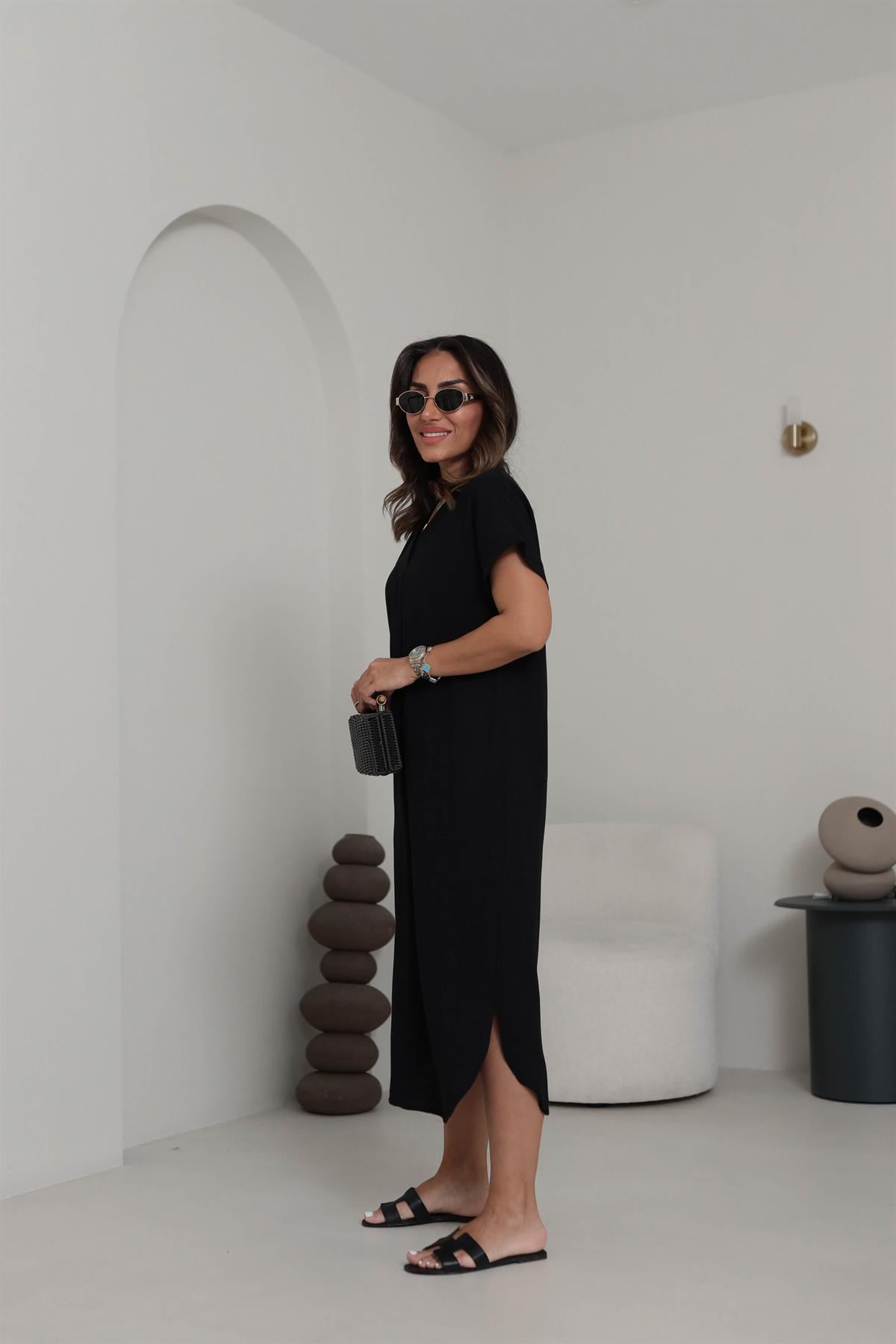 5998 V Yaka Rahat Terni Elbise SİYAH