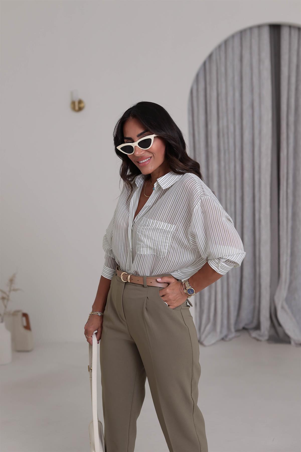 4904 Düşük Omuz Çizgili Oversize Gömlek HAKİ YEŞİL