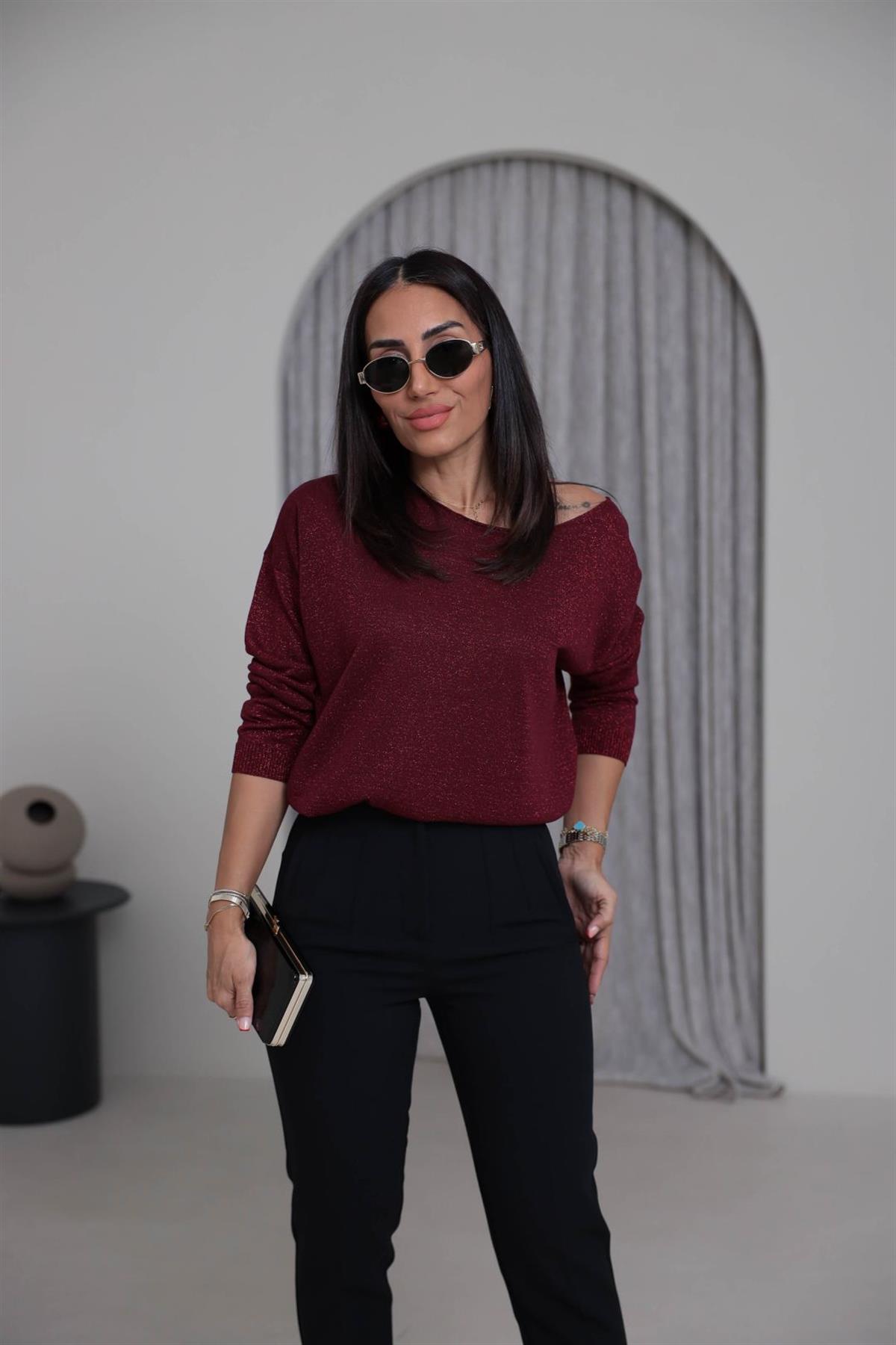 Kayık Yaka Simli Bluz BORDO
