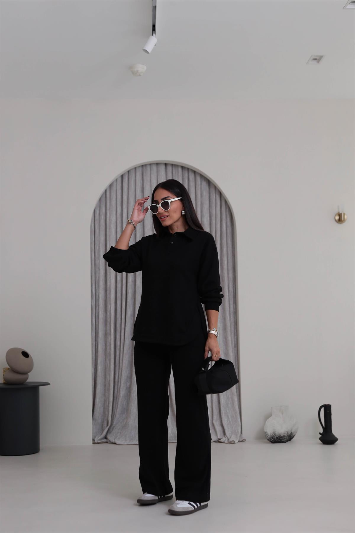 2411 Selanik Polo Yaka Yarım Düğmeli Rahat Takım SİYAH