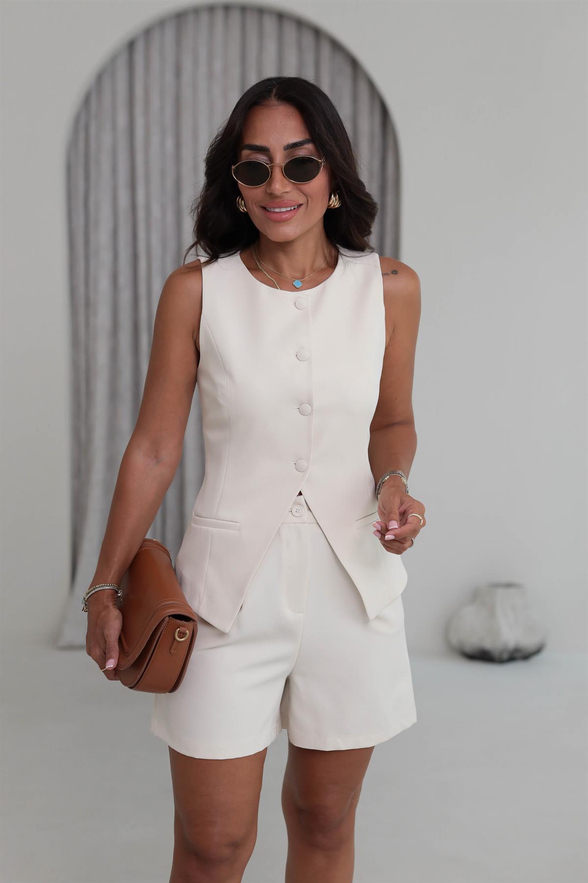 0264 Double Kumaş Yelek Şort Takım TAŞ