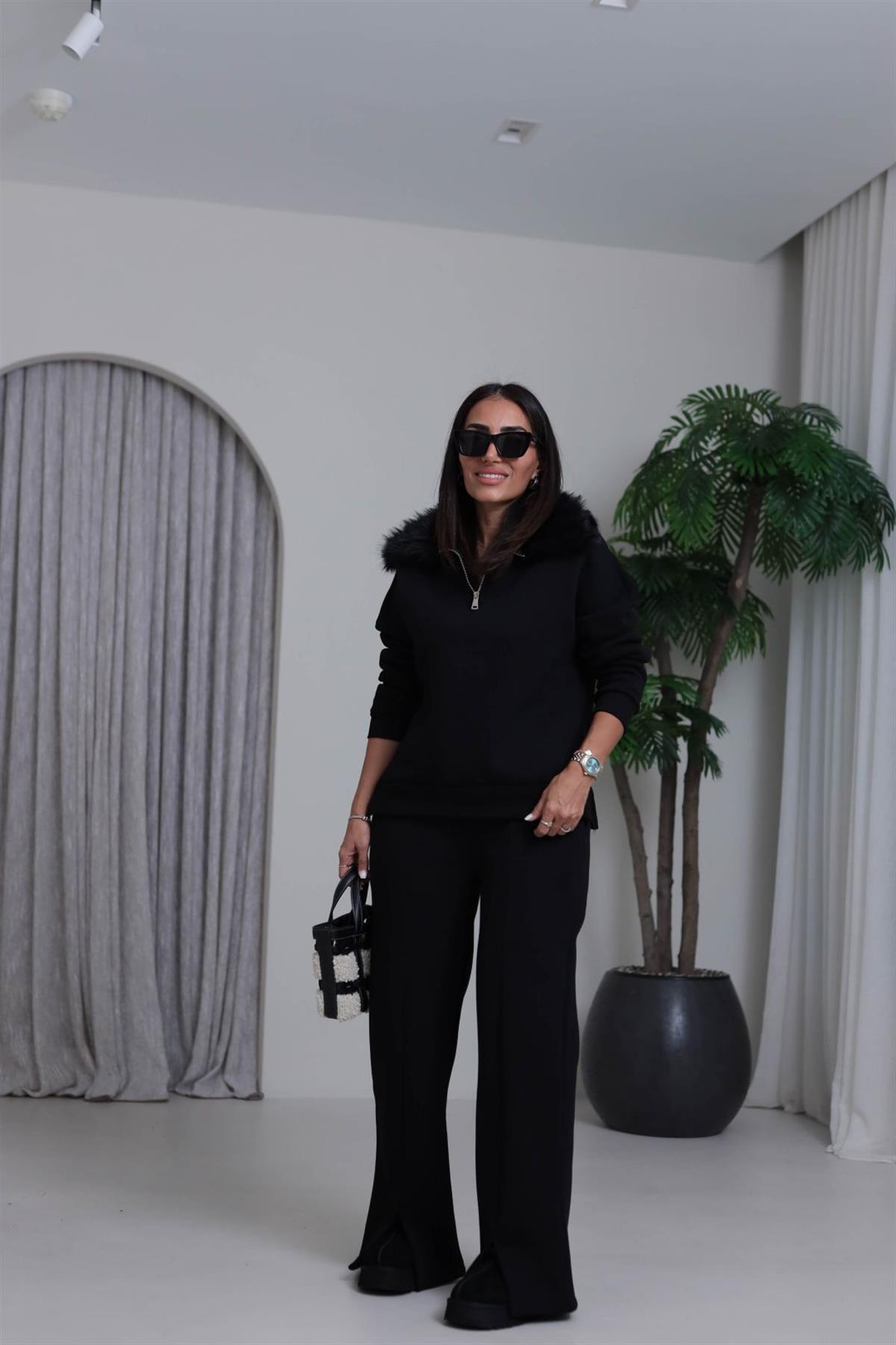 4066 Kürk Yakalı Şardonlu Takım SİYAH