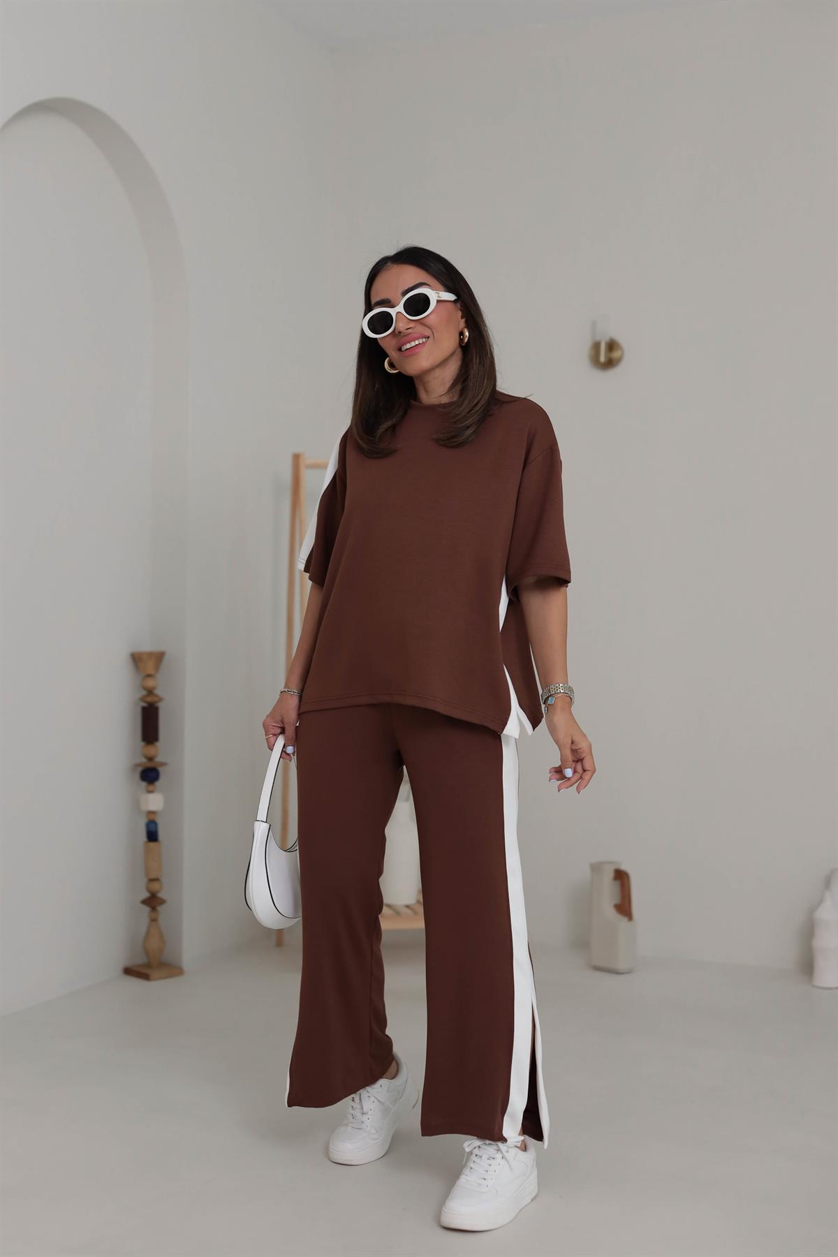 3417 Kontrastlı Paça Yırtmaçlı Rahat Modal Takım KAHVE