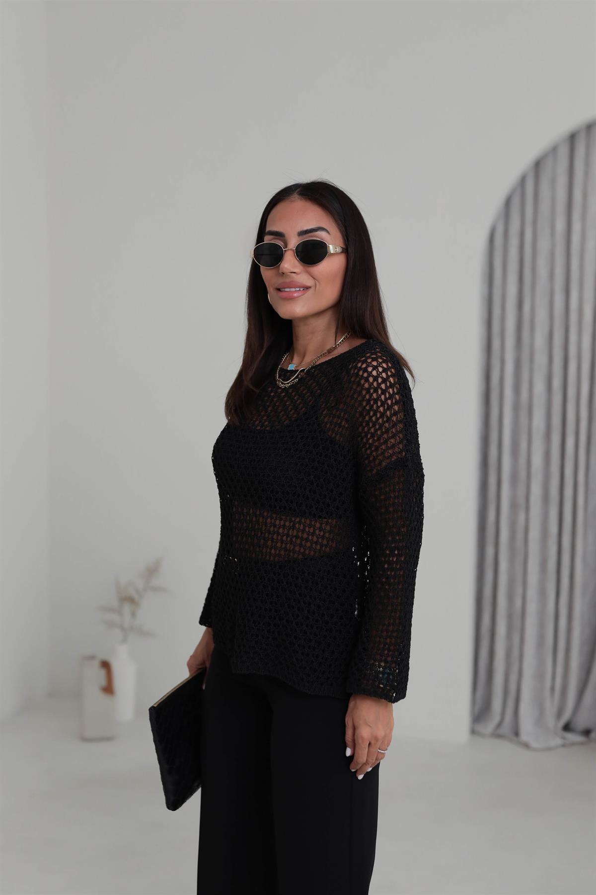 0807 Kayık Yaka Ajurlu Triko Kazak SİYAH
