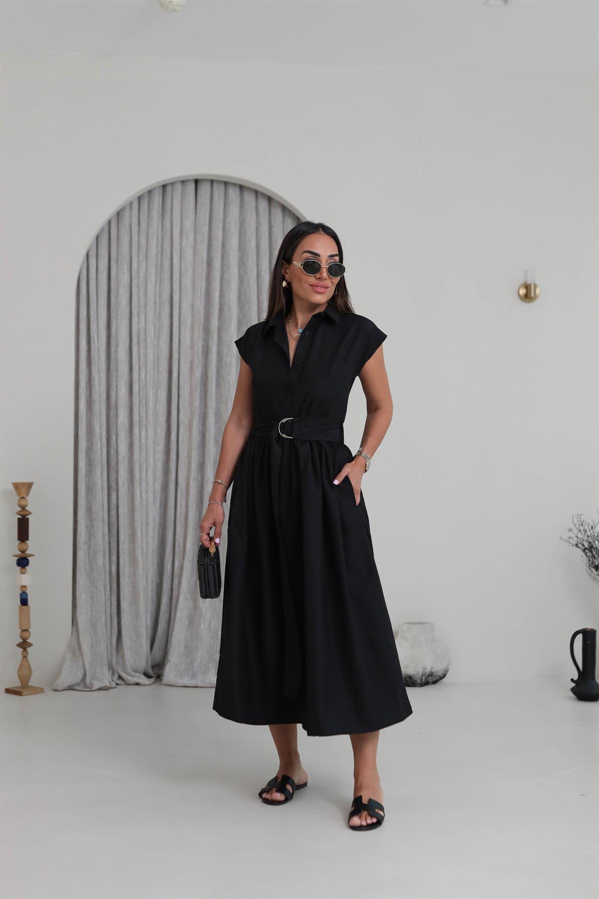 501 Polo Yaka Düğmeli Kuşaklı Uzun Elbise SİYAH