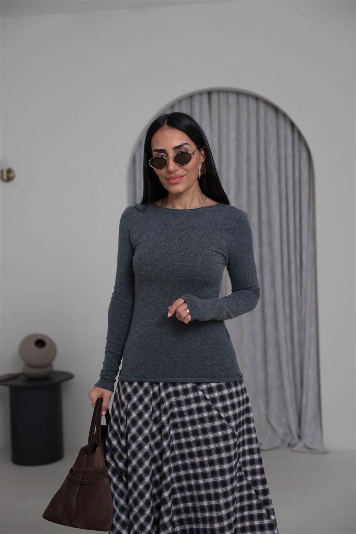 10840 Kayık Yaka Kaşmirli Triko Kazak FÜME