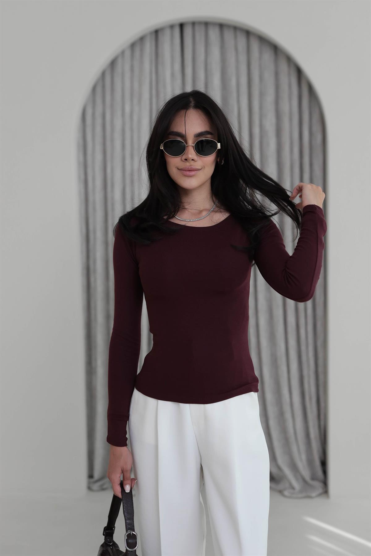 1332 Kayık Yaka Uzun Kollu Bluz BORDO