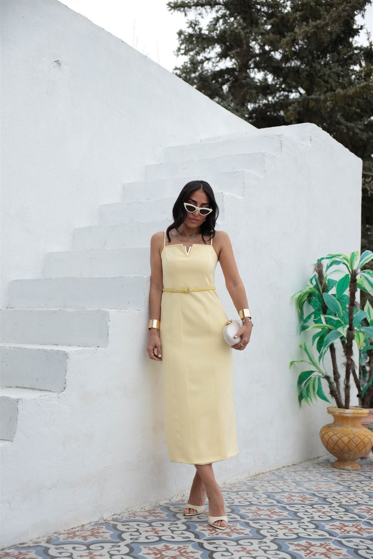 7304 Ayarlanabilir Askılı Gold Detaylı Elbise SARI