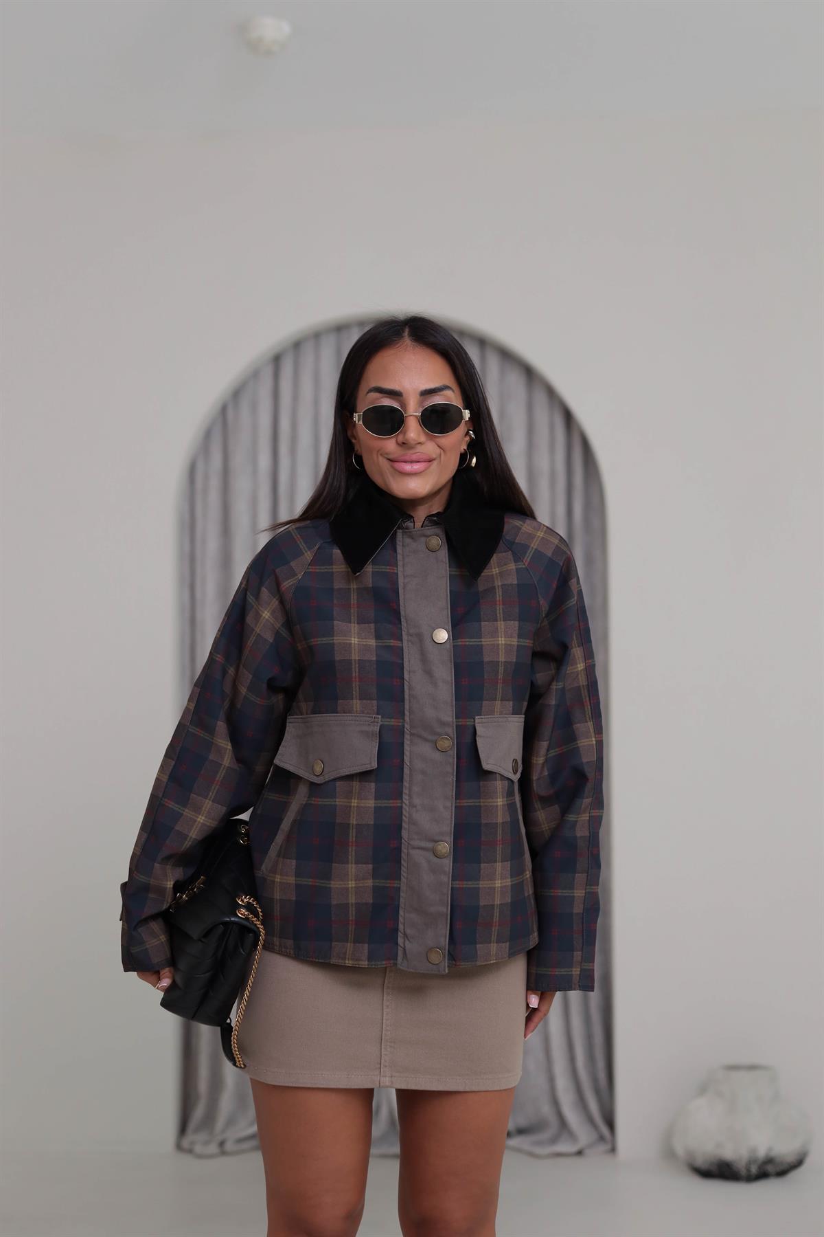 0209 Haki Ekose Kadife Yaka Ceket HAKİ YEŞİL