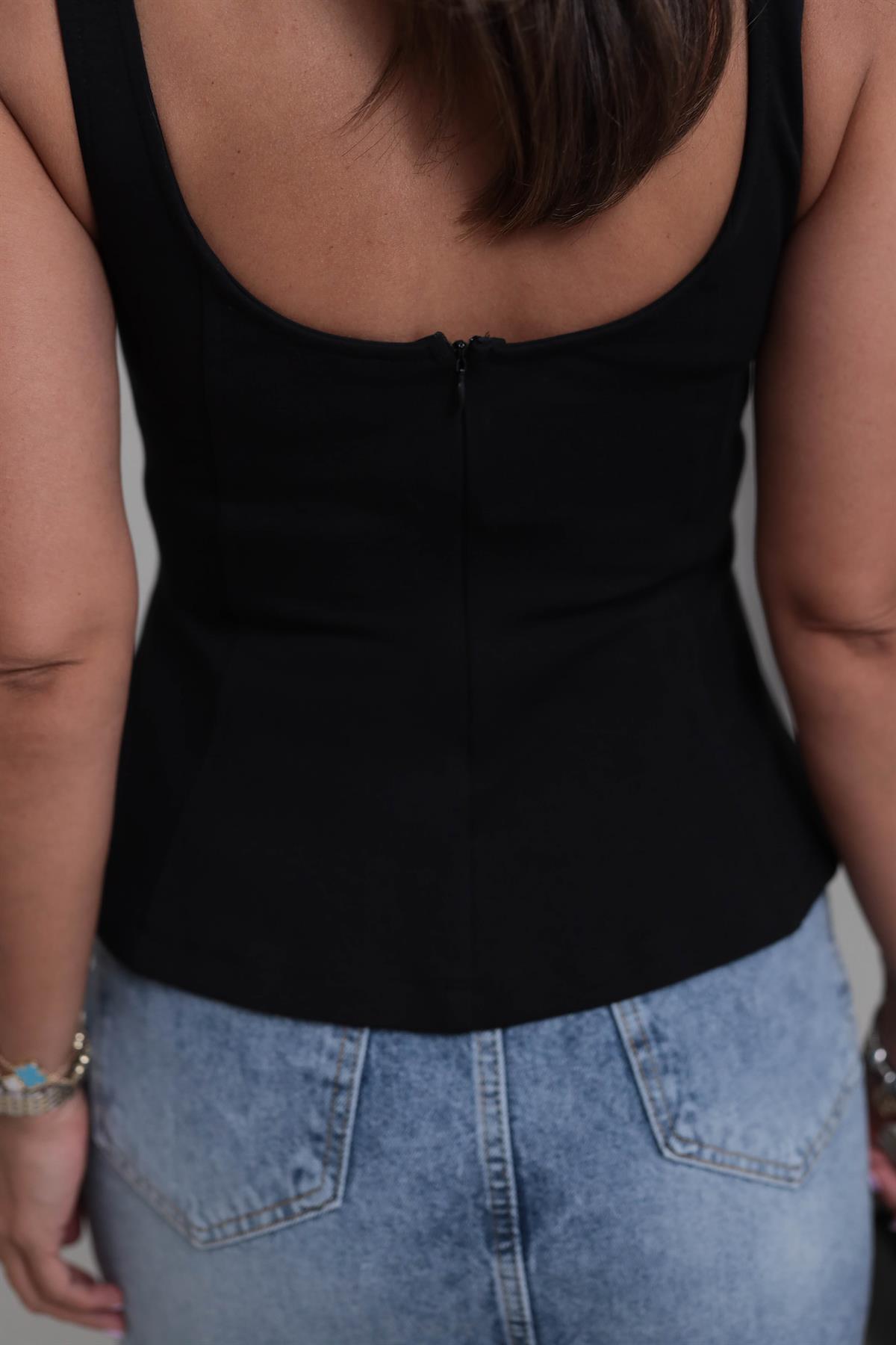 1063 Kalın Askılı Peplum Pamuklu Bluz SİYAH