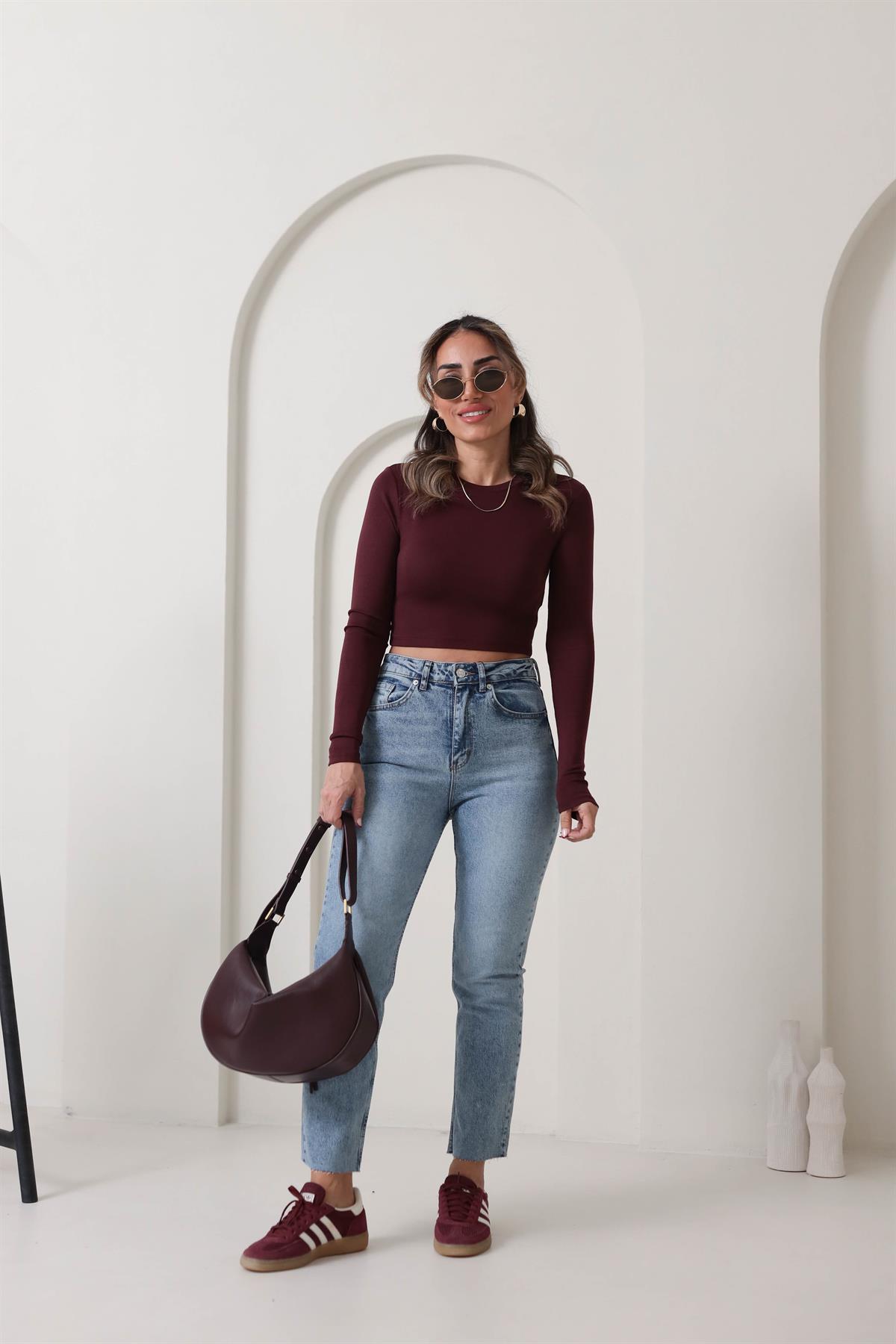 1236 Yumuşak Doku Uzun Kollu Bluz BORDO