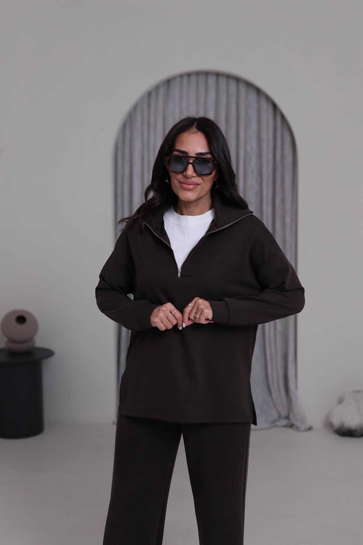 Yanları Yırtmaç Detaylı Yarım Fermuarlı Modal Takım ACI KAHVE