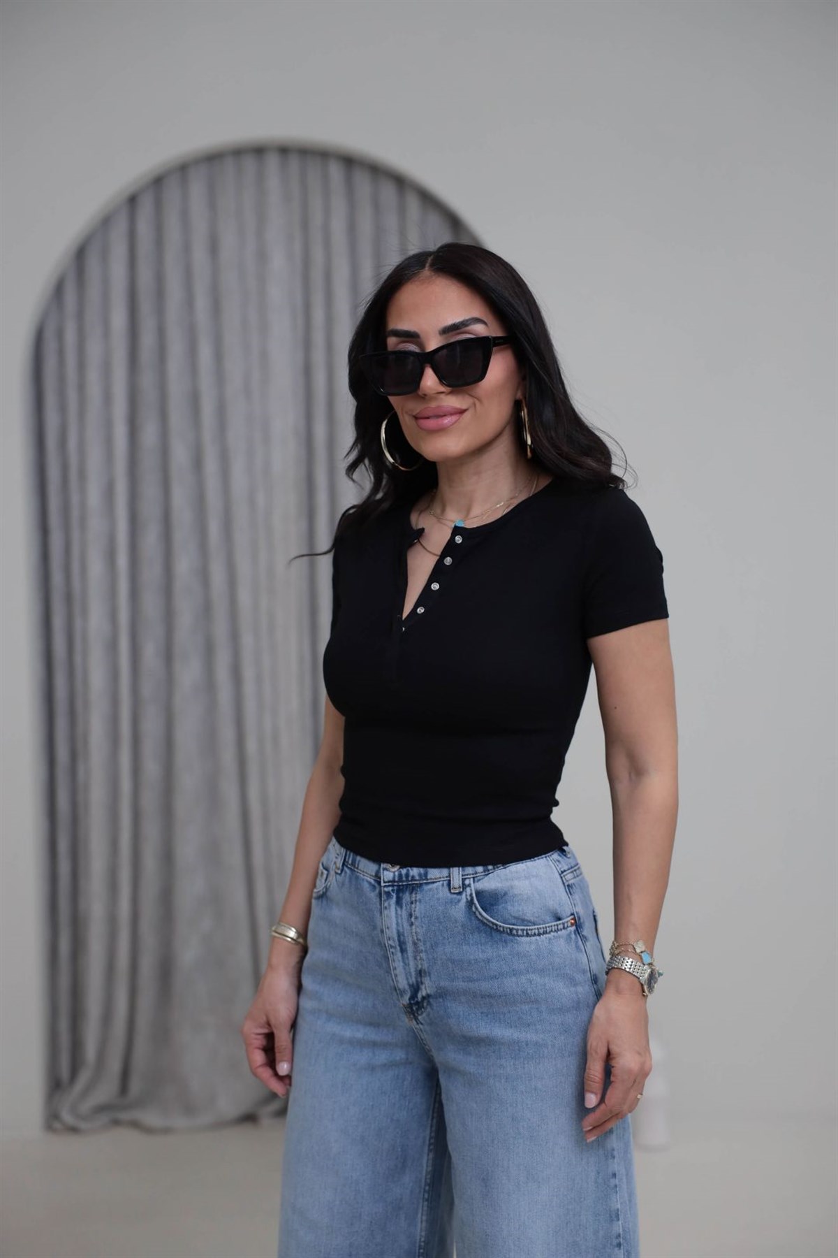 1704 Çıtçıt Düğmeli Kısa Kol Modal Tshirt SİYAH