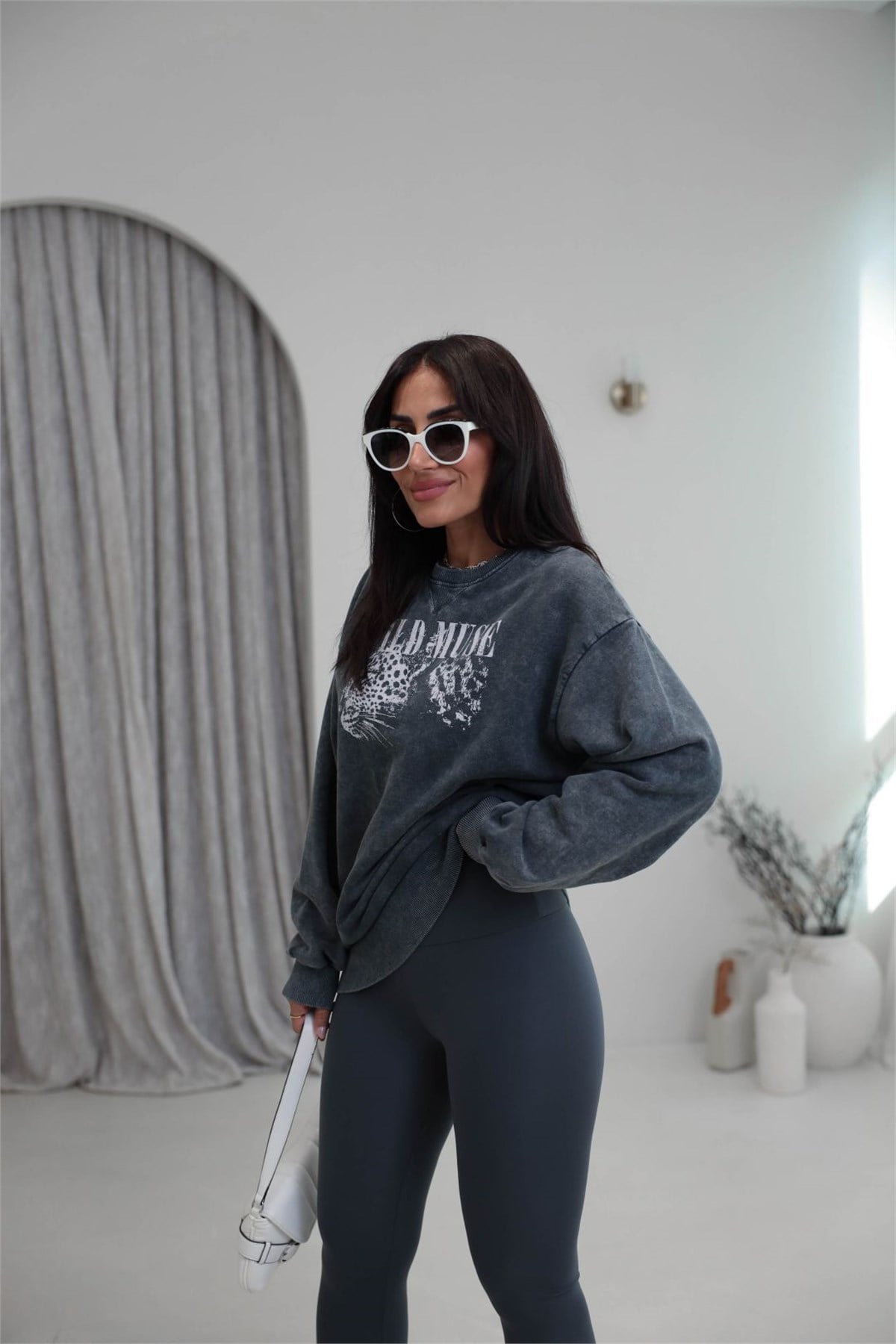 9106 Kaplan Baskılı Ribanalı İki İplik Sweatshirt ANTRASİT