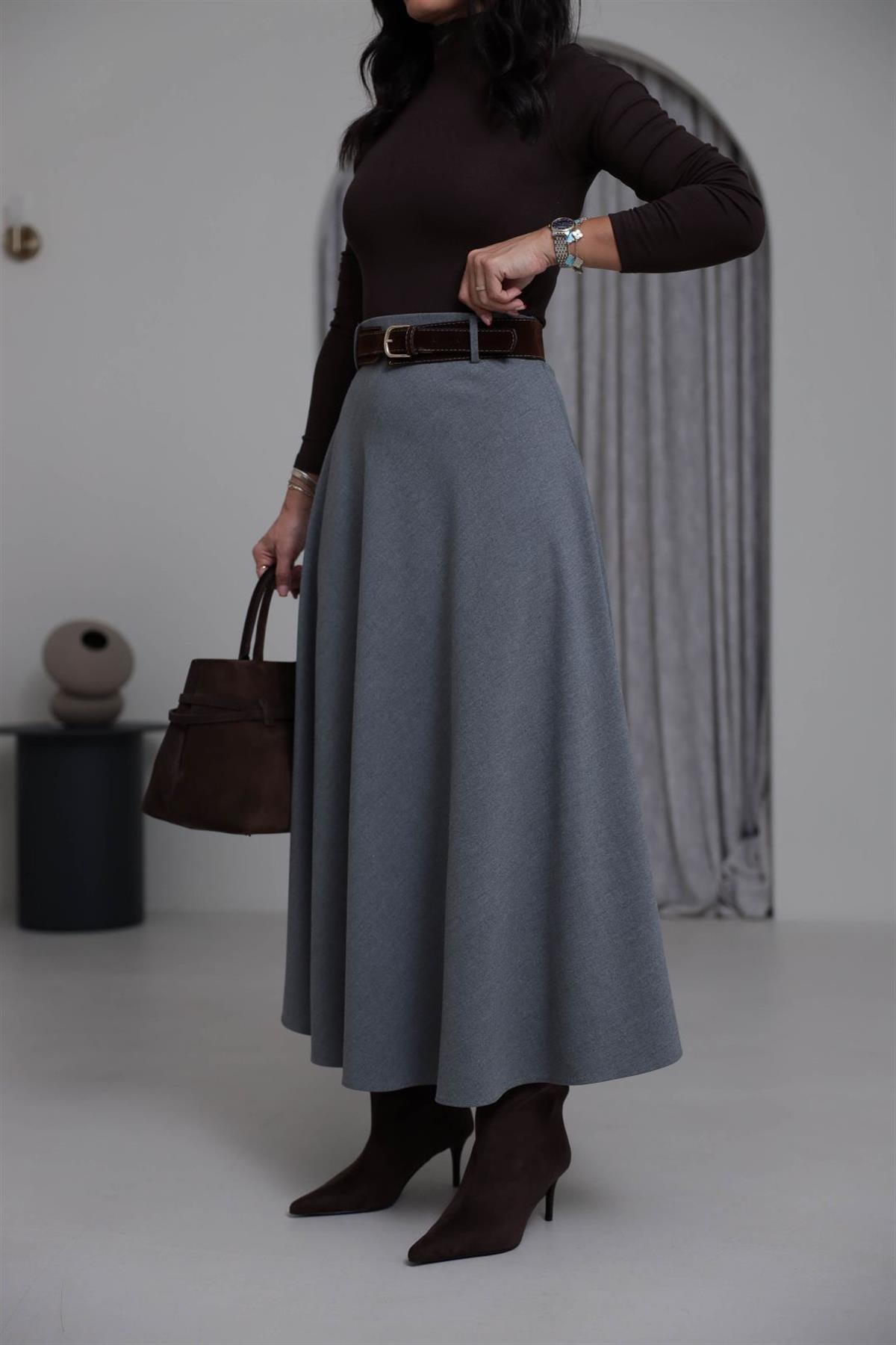 0647 Süet Kemerli Kloş Etek GRİ