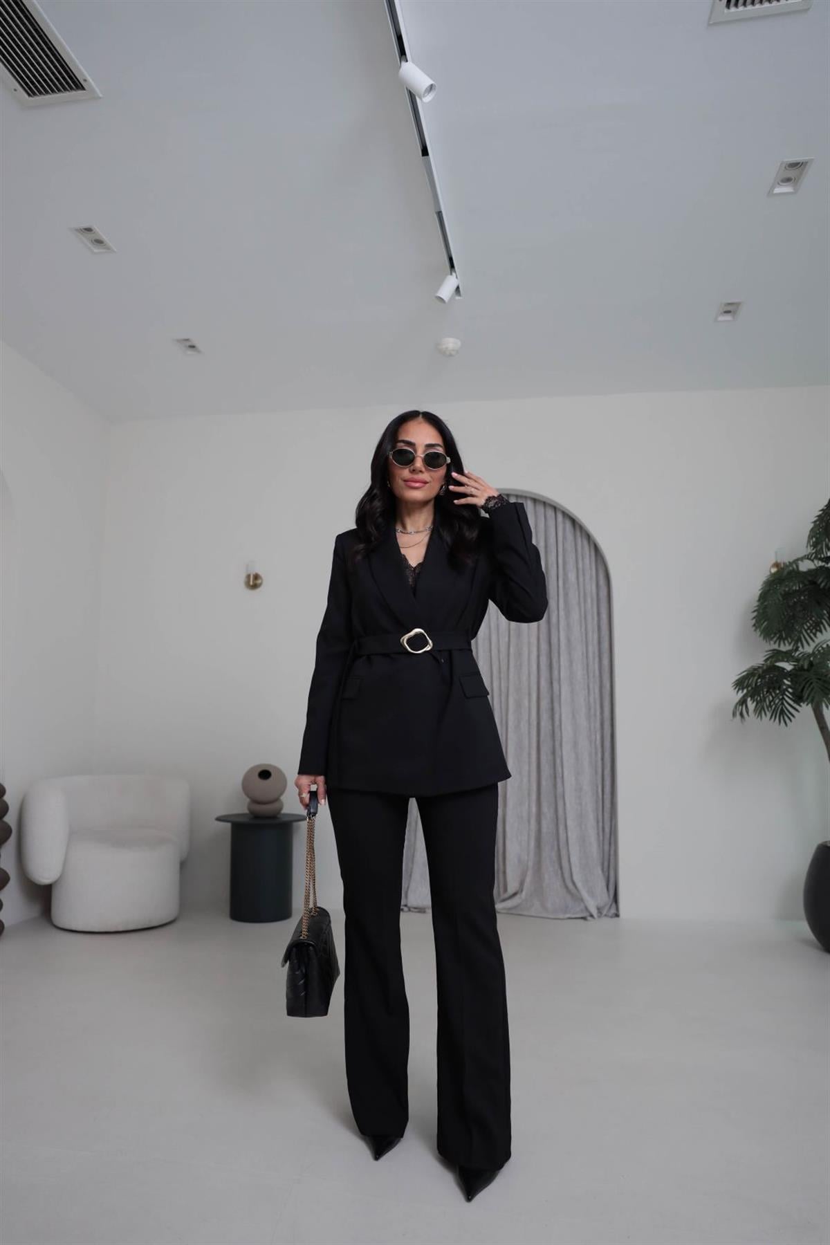 0310 Kemerli Ceketli Pantolon Takım SİYAH