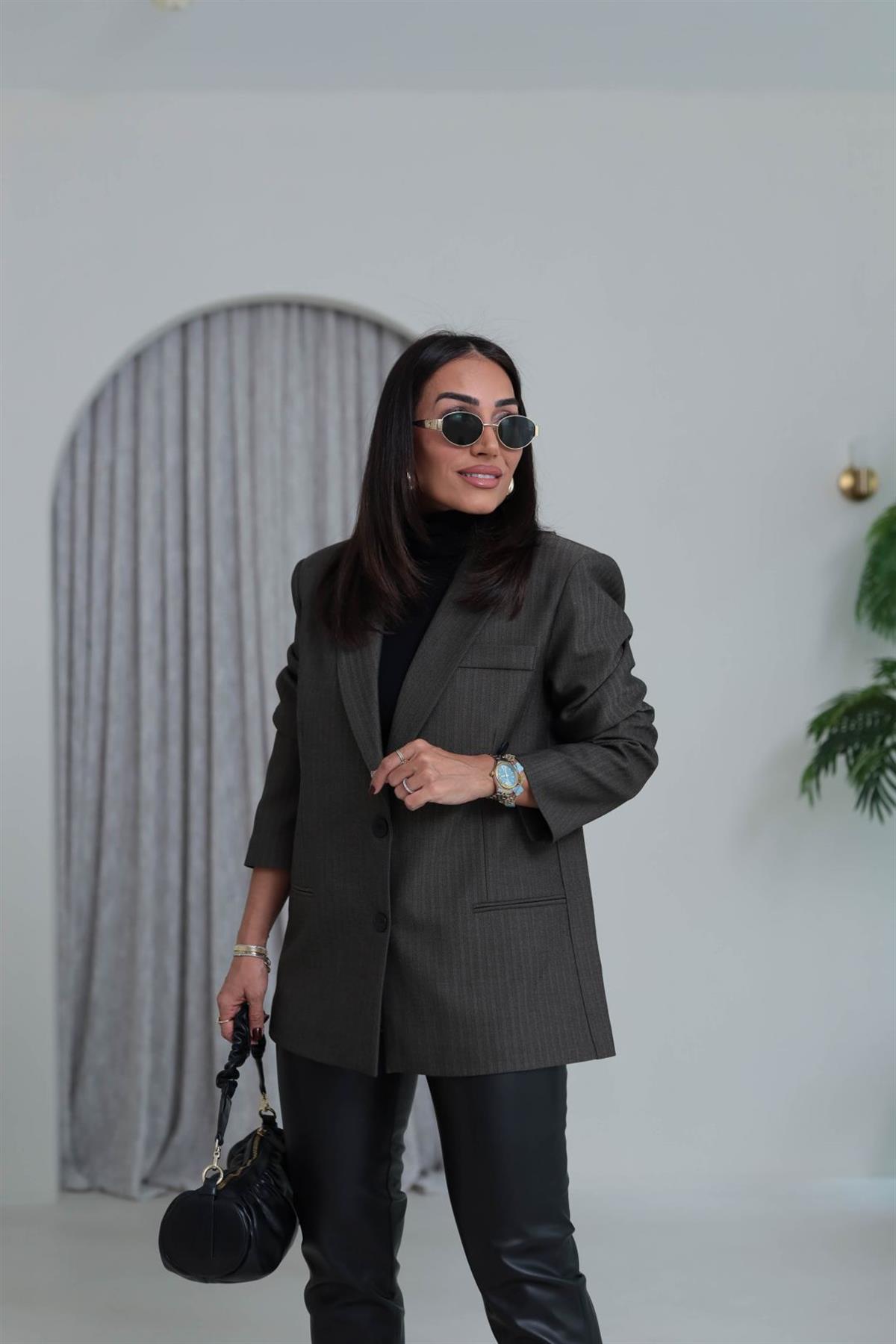 7255 Çift Düğmeli Balıksırtı Desenli Blazer Ceket KAHVE