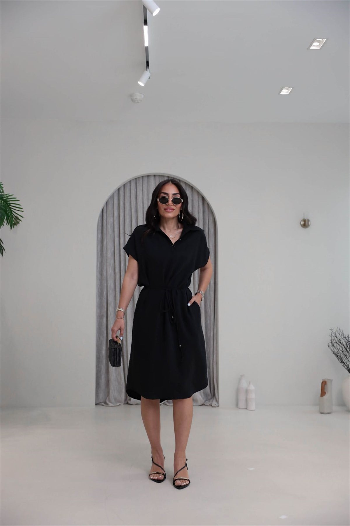 7541 Polo Yaka Tencel Kumaş Elbise SİYAH