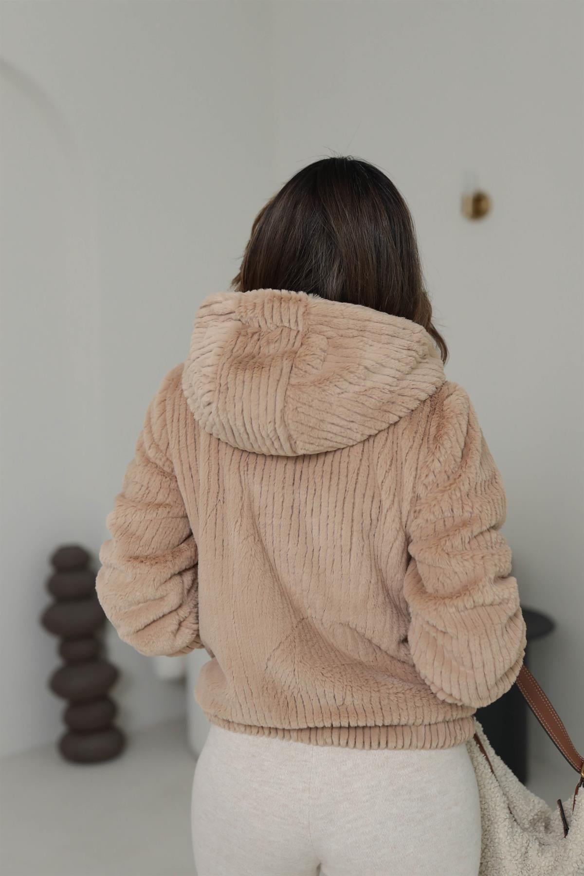 9499 Fermuarlı Kapşonlu Kürk Mont CAMEL