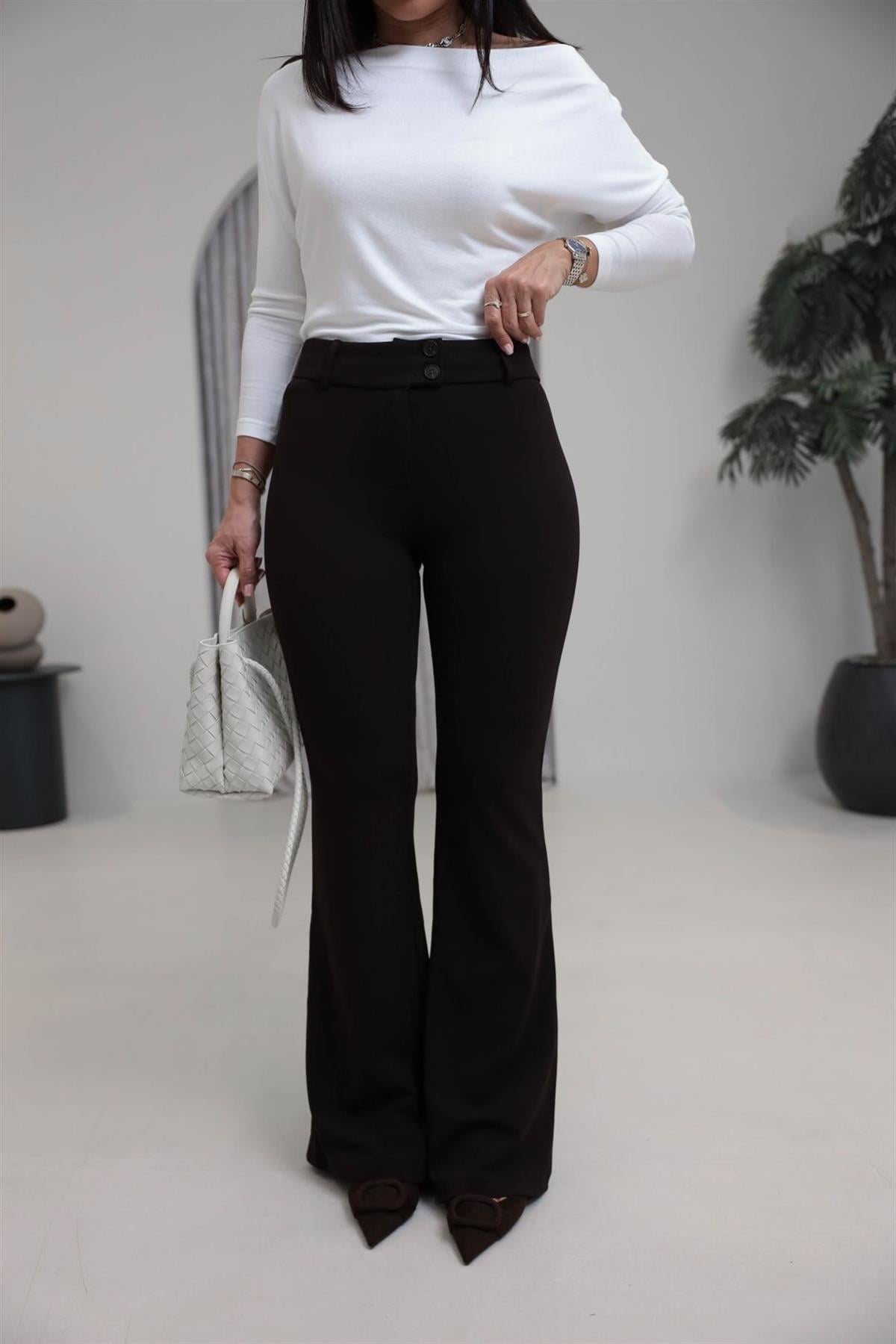 4094 Korsajlı Likralı Flare Pantolon KAHVE