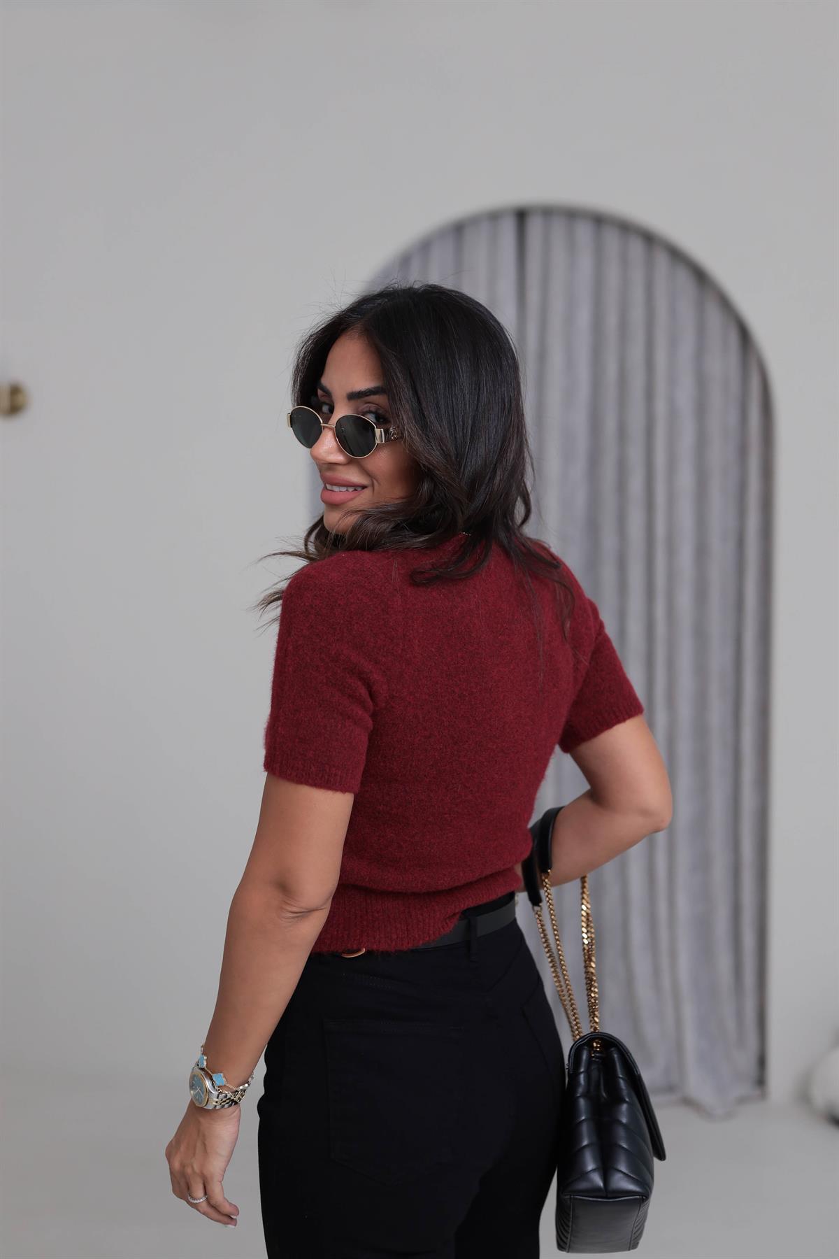 0651 Bisiklet Yaka Yumuşak Dokulu Kısa Kol Triko Kazak BORDO