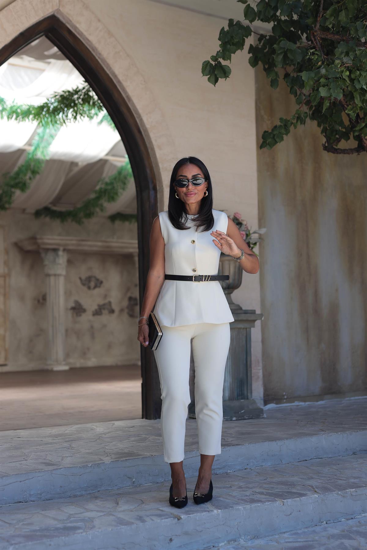 7195 Kemerli Yelekli Double Takım KREM