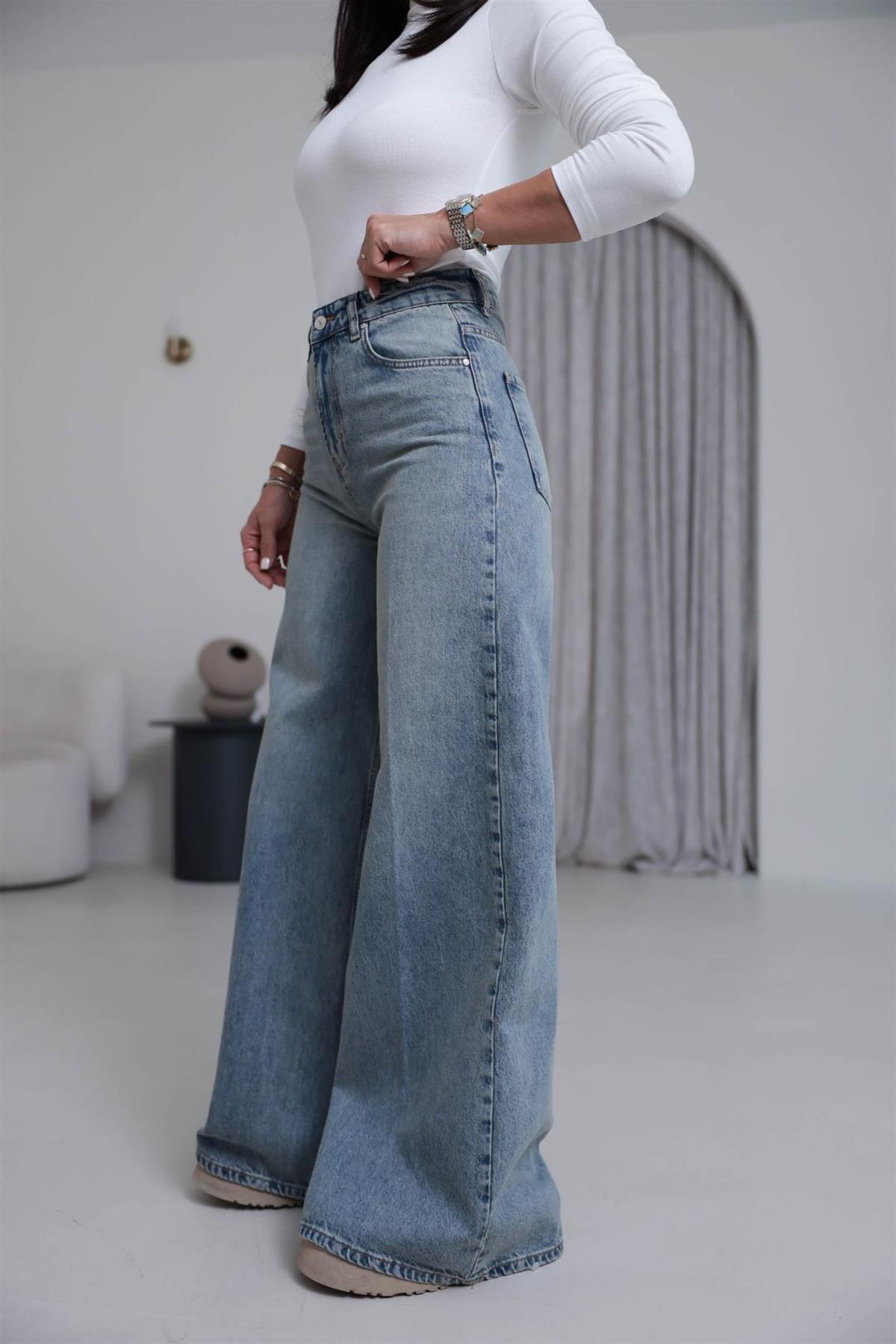 D916 Yüksek Bel Pamuklu Palazzo Jean TİNTLİ MAVİ