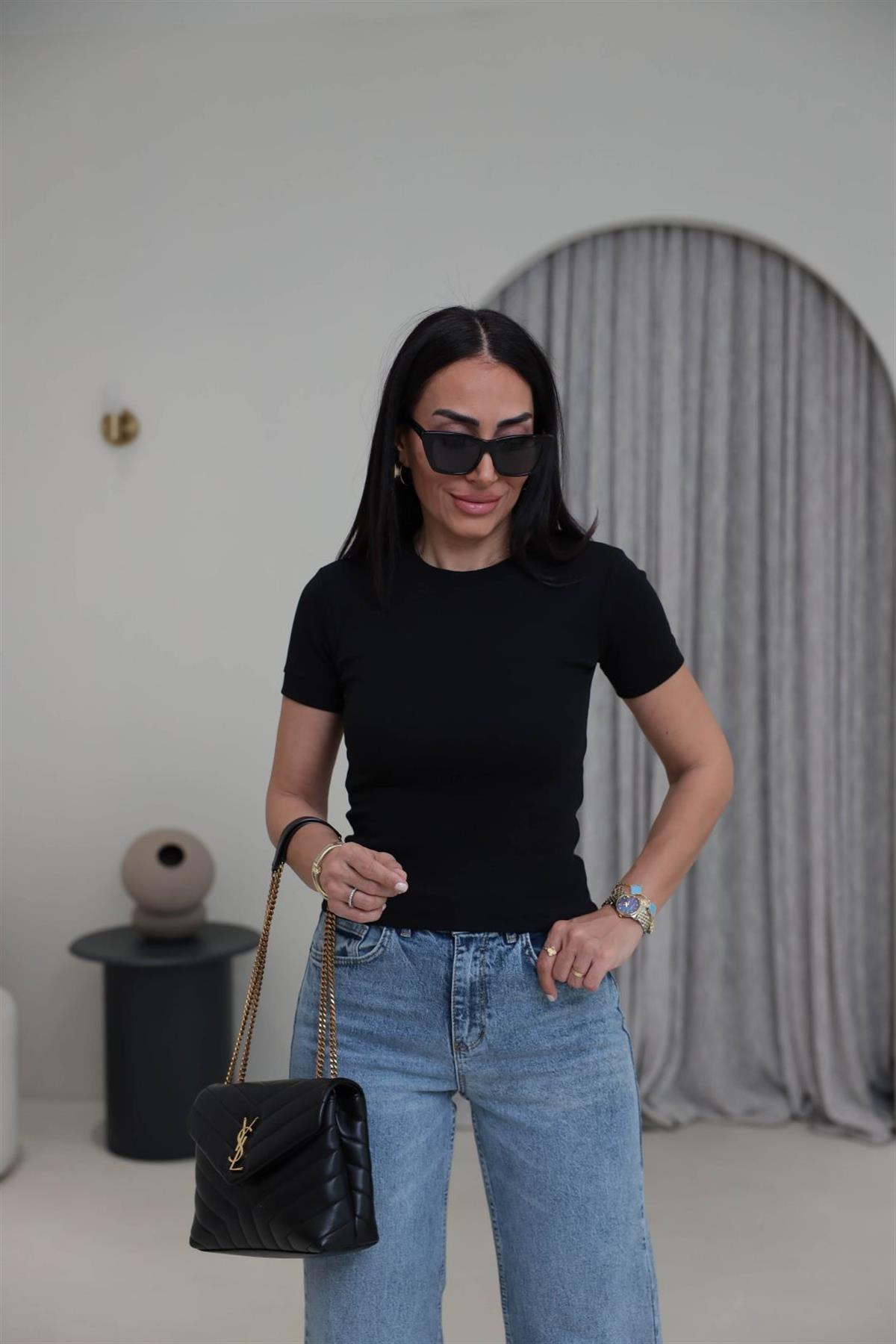 1591 Ribanalı Basic Pamuklu Tshirt SİYAH