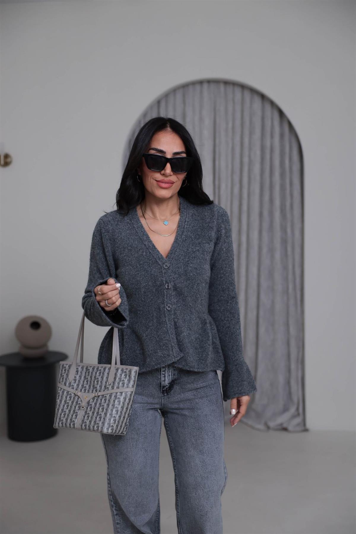 4930 V Yaka İspanyol Kol Peplum Hırka KOYU GRİ