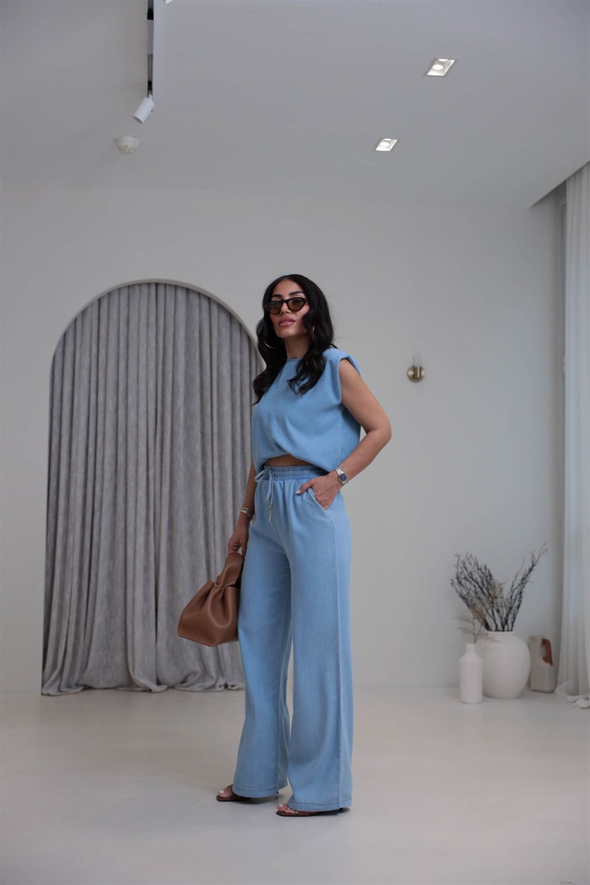 7358 Vatkalı Sıfır Kol Denim Tencel Kumaş Takım BUZ MAVİ