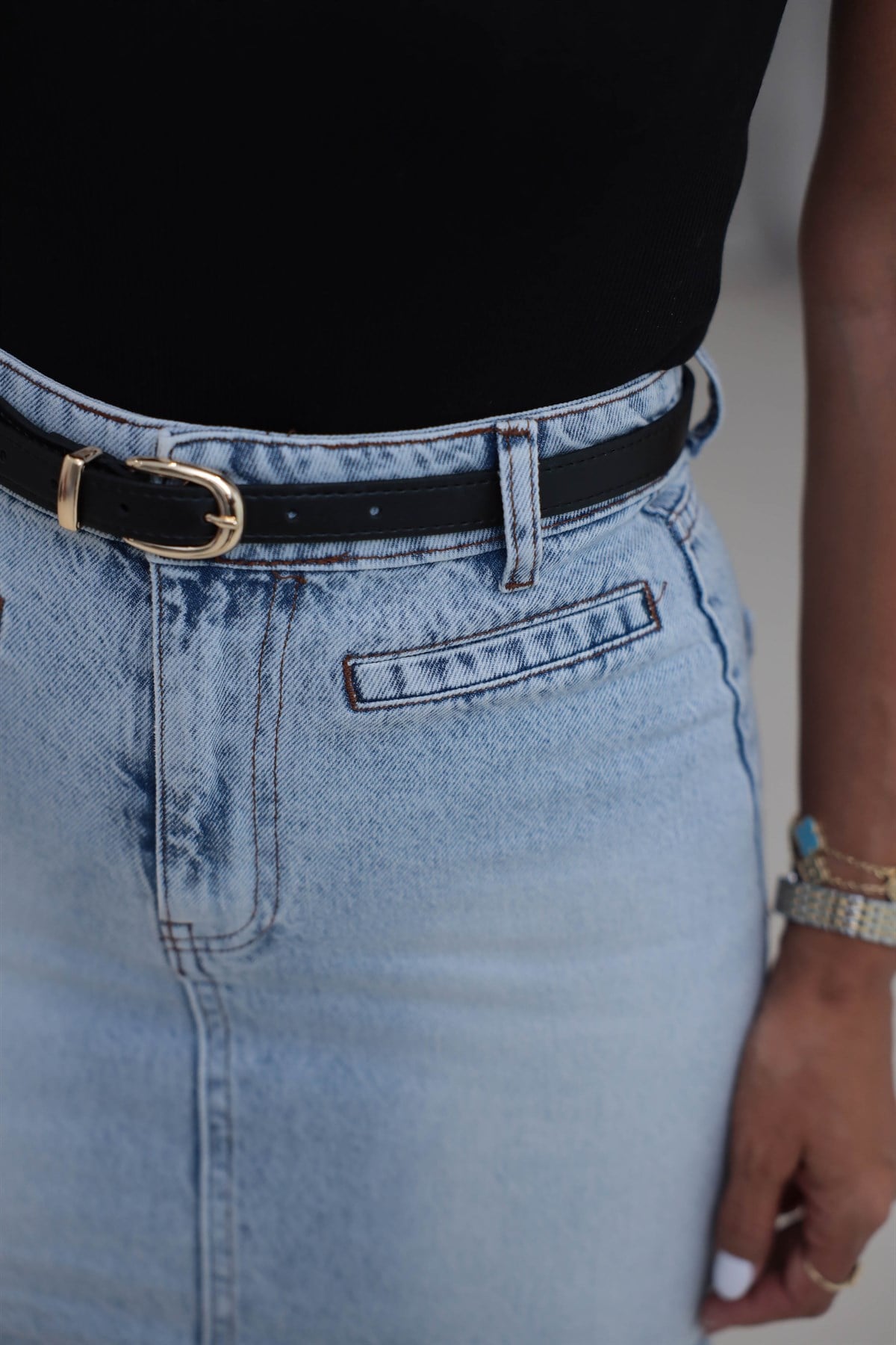 202 Ön Cep Detaylı Kemerli Mini Denim Etek BUZ MAVİ
