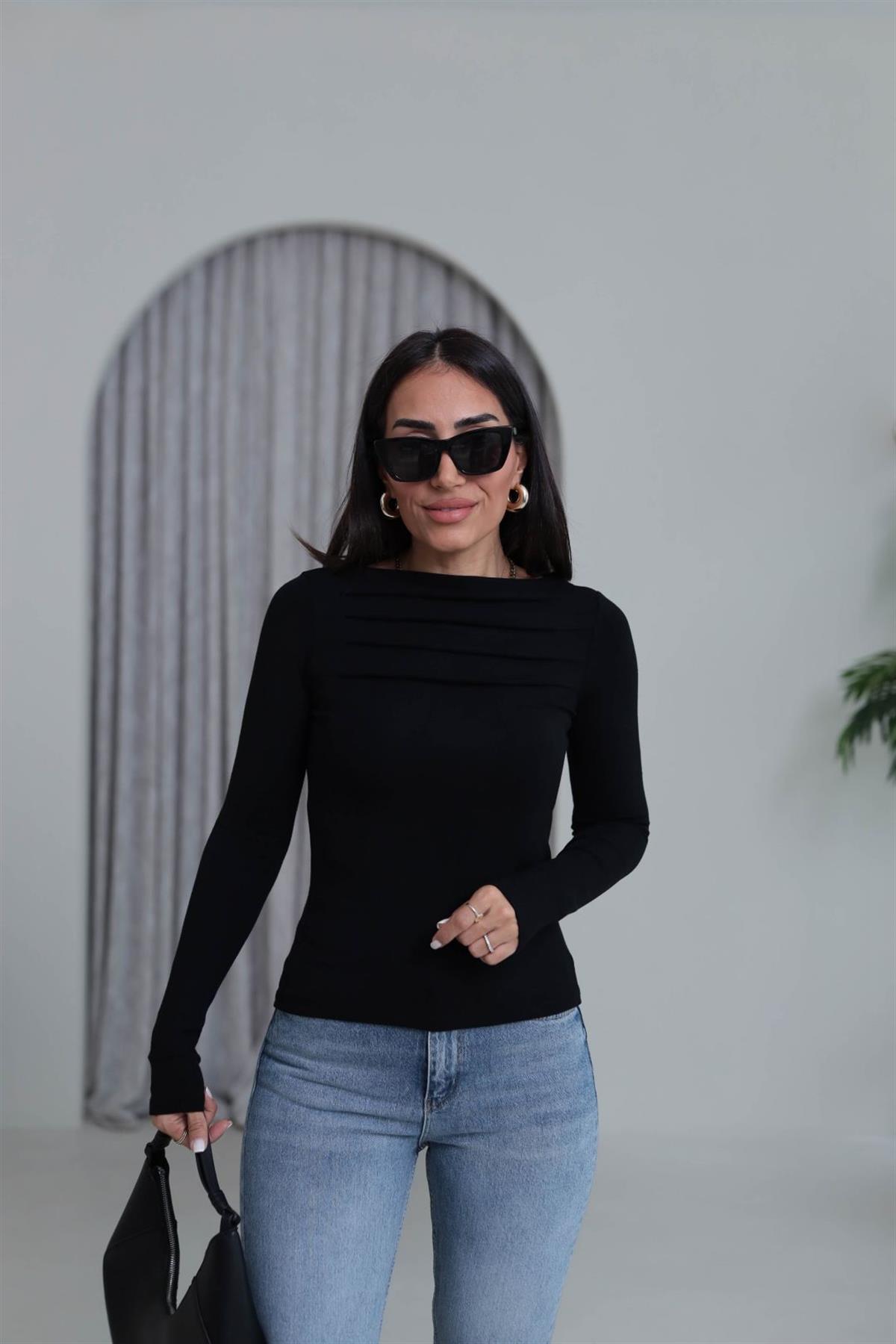 6504 Önü Pileli Viskon Bluz SİYAH