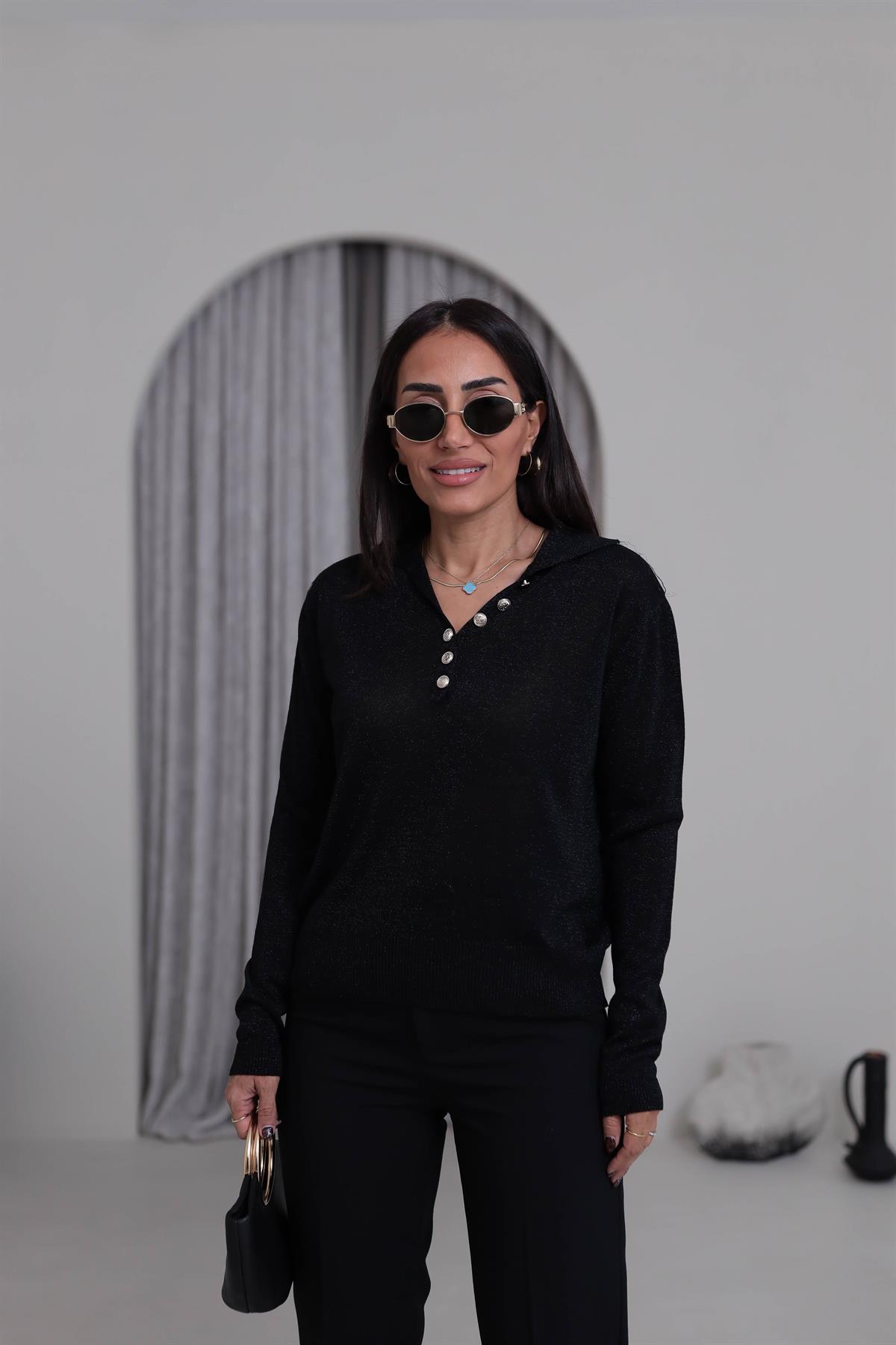 Simli Polo Yaka Bluz SİYAH