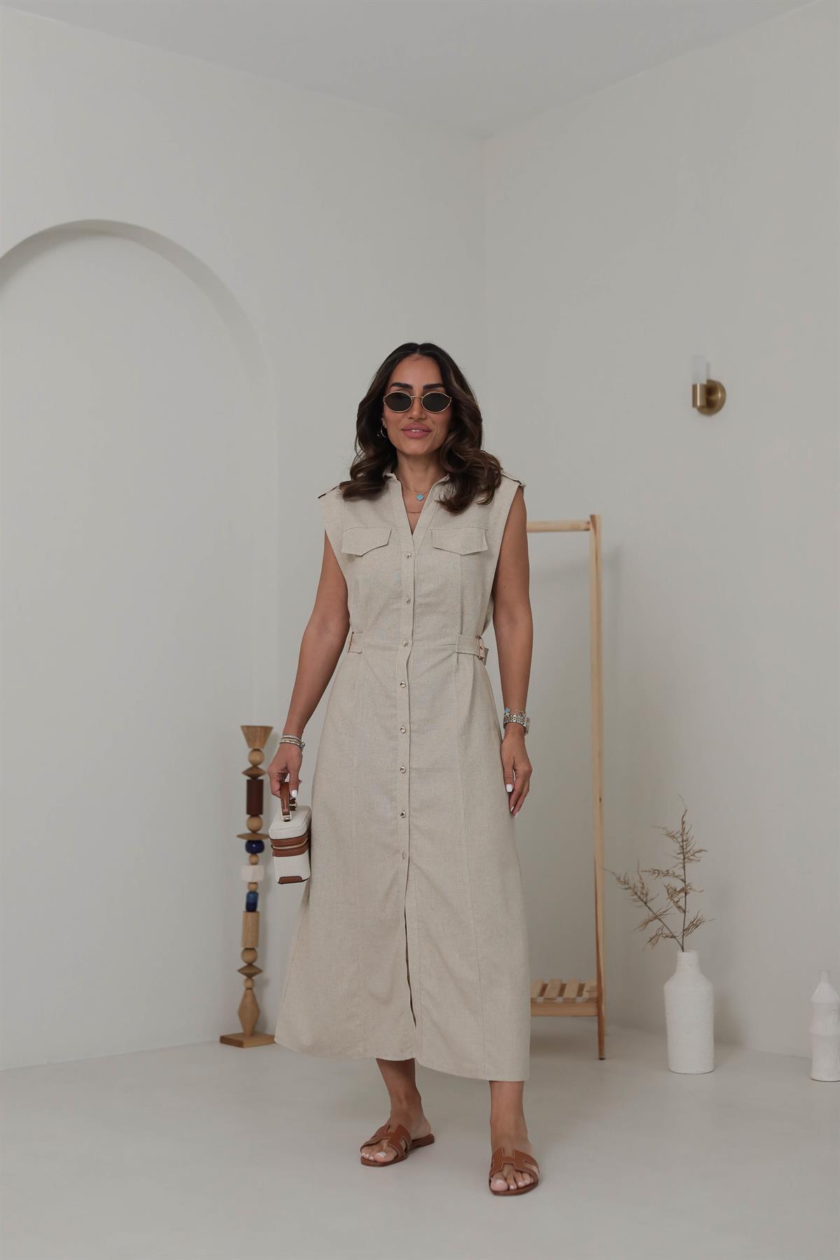 0473 Yanı Tokalı Keten Elbise TAŞ