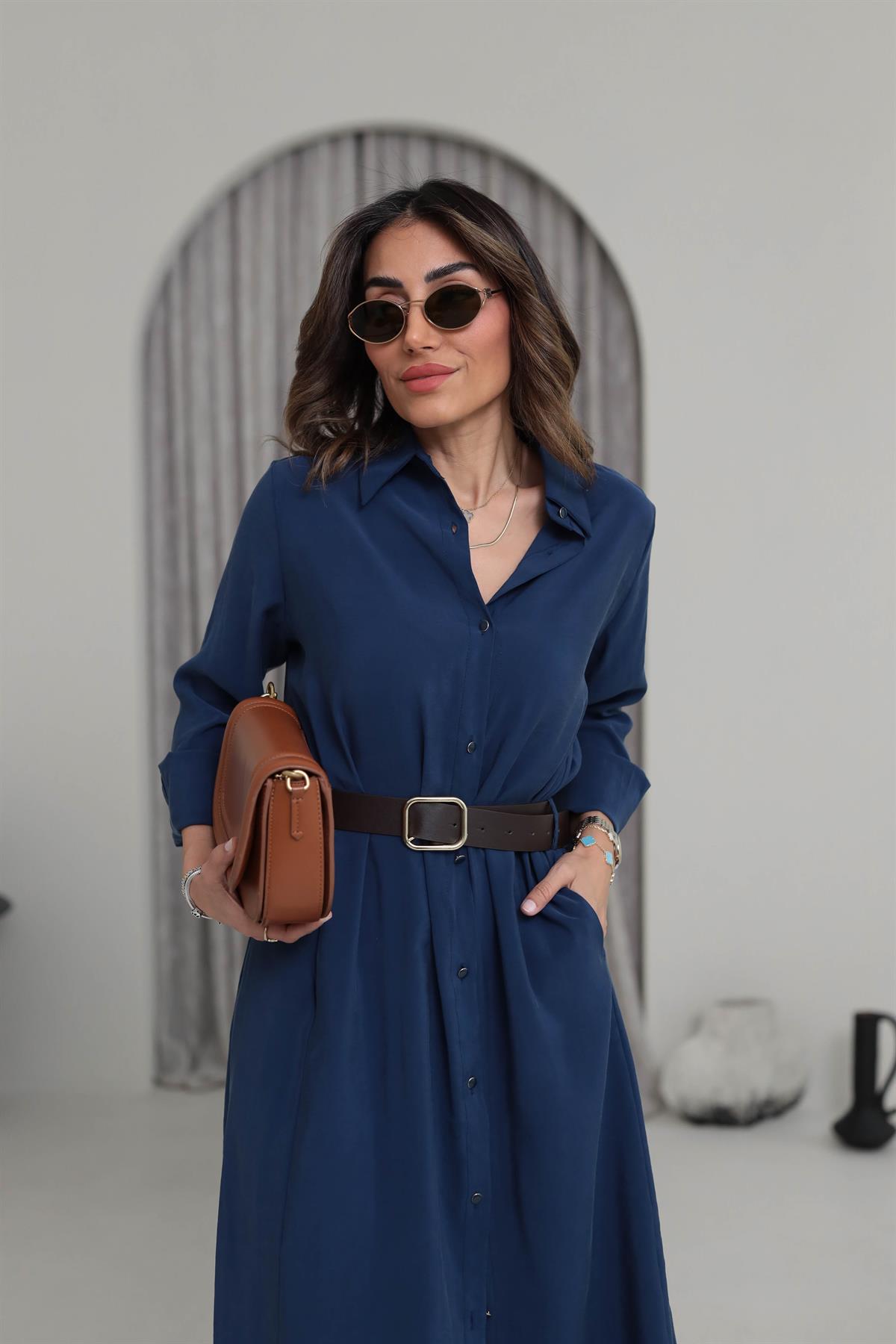 0286 Gold Düğmeli Tencel Gömlek Elbise LACİVERT