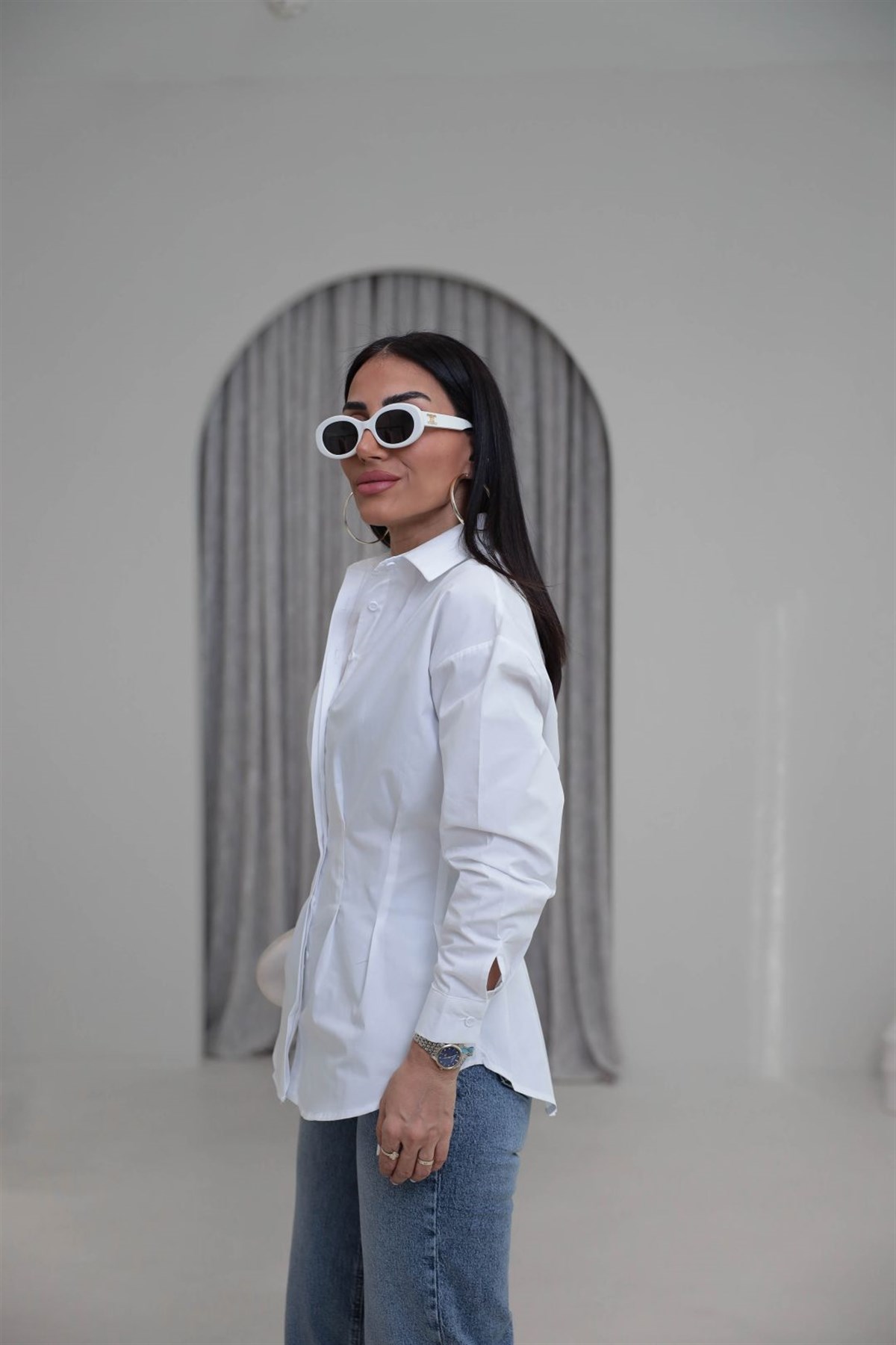 3013 Belden Oturtmalı Poplin Gömlek BEYAZ