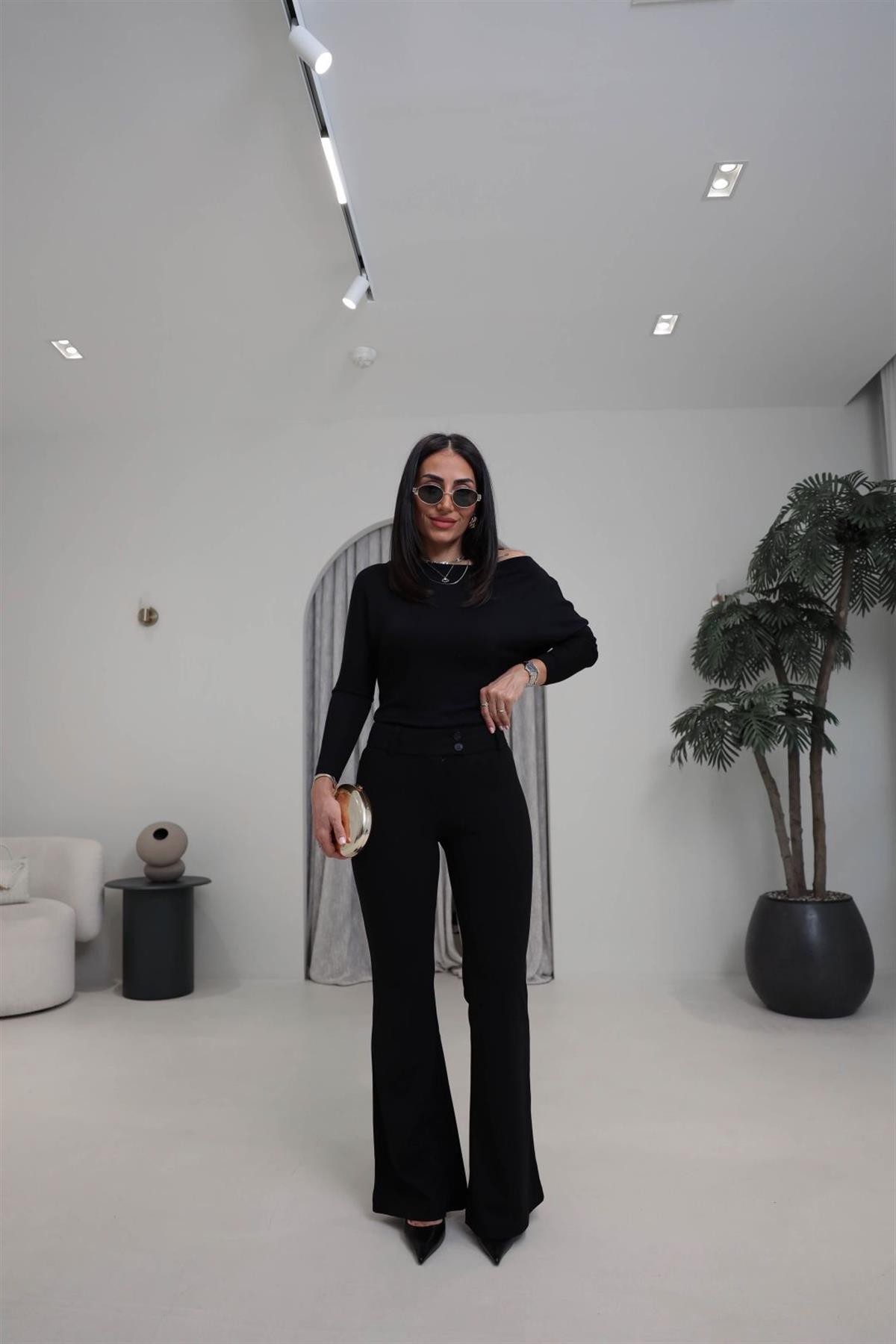 4094 Korsajlı Likralı Flare Pantolon SİYAH