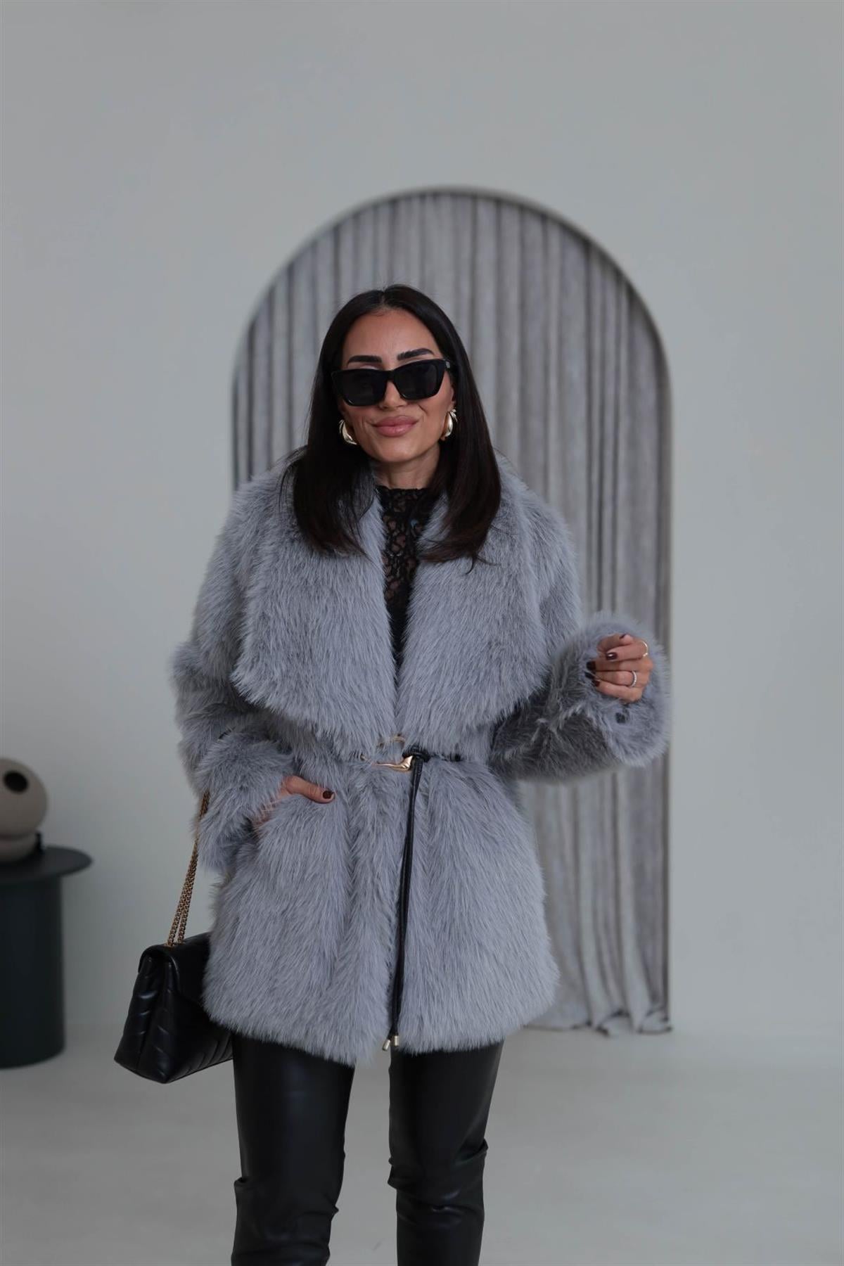 Yakalı Kemerli Suni Kürk Kaban GRİ