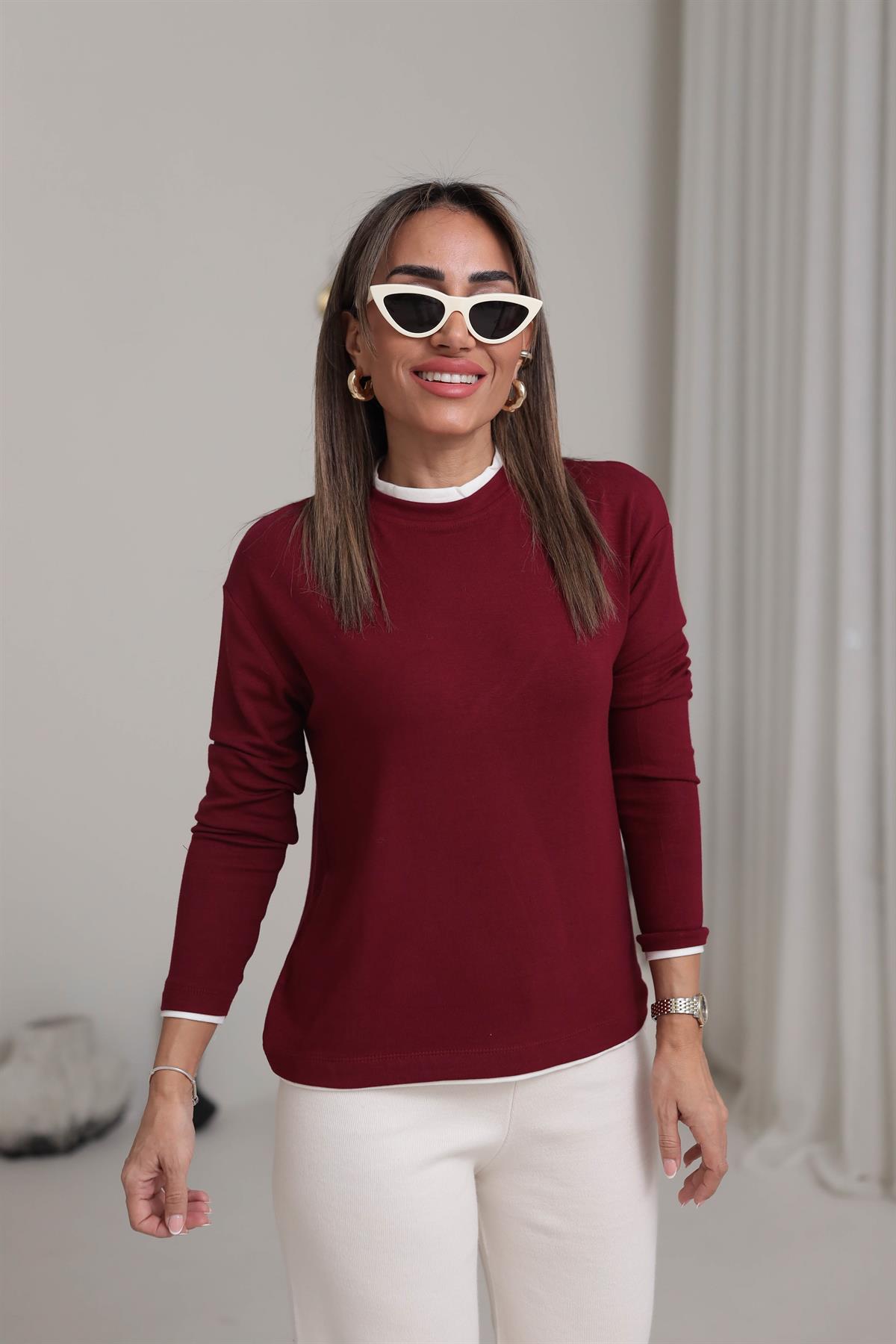 1145 Çift Yakalı Modal Bluz BORDO