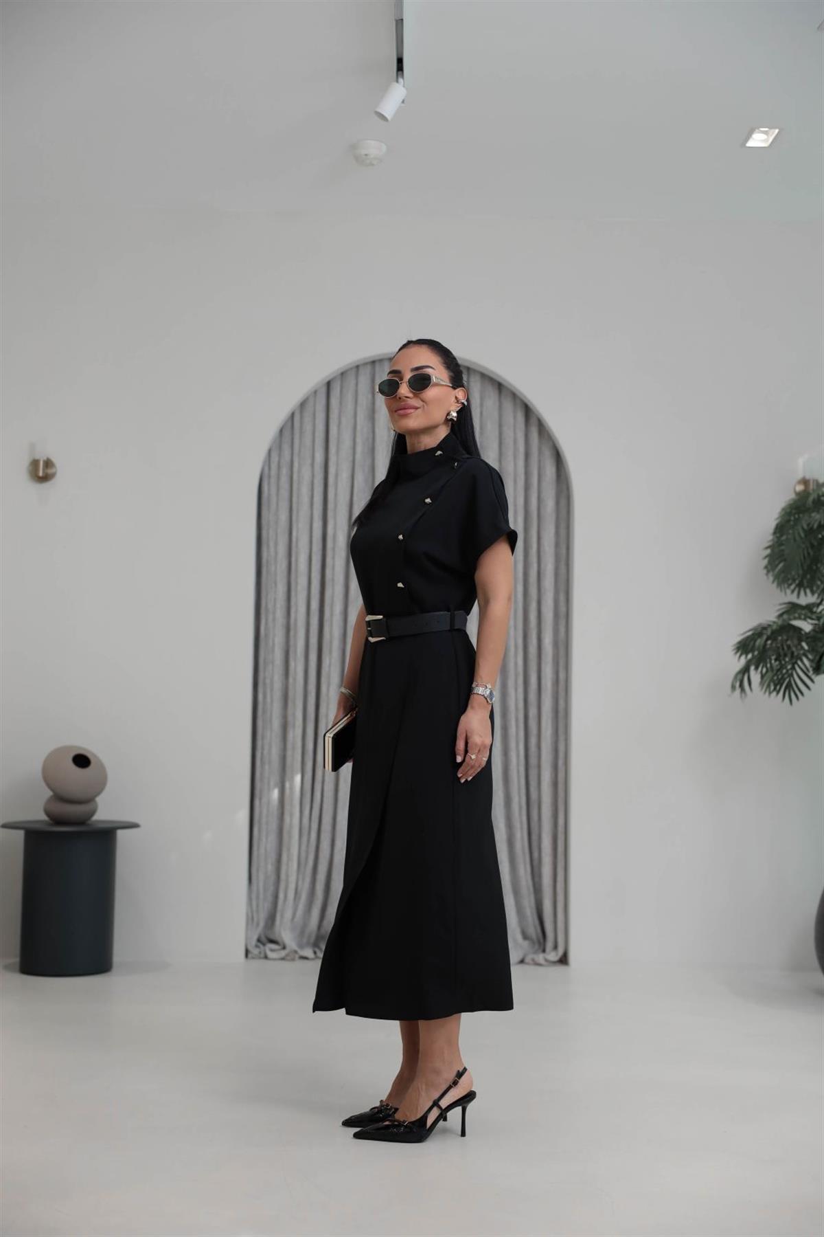 7045 Hakim Yaka Düğme Ve Kemerli Linda Elbise SİYAH