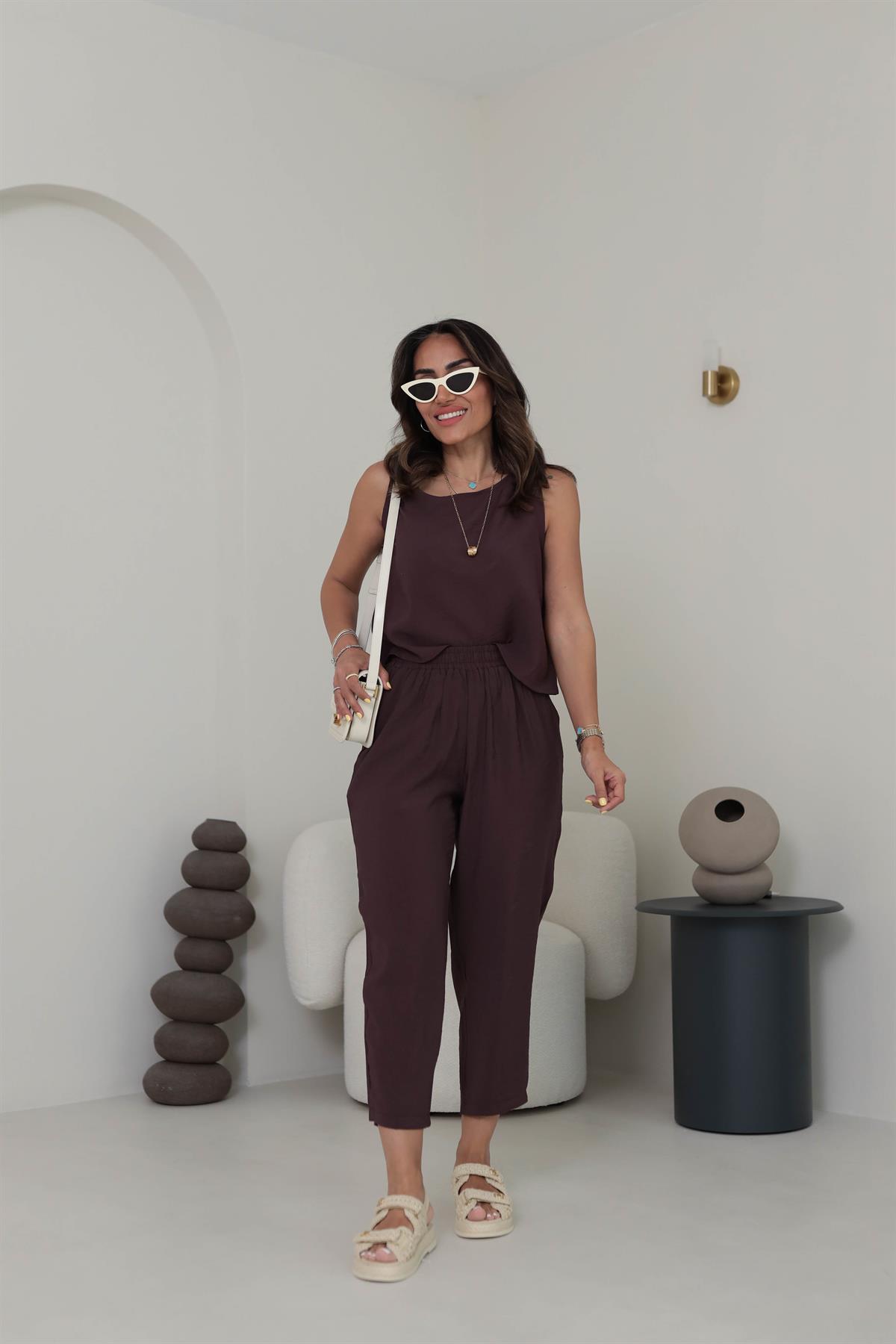 3089 Tencel Kumaş Kolsuz Takım ACI KAHVE