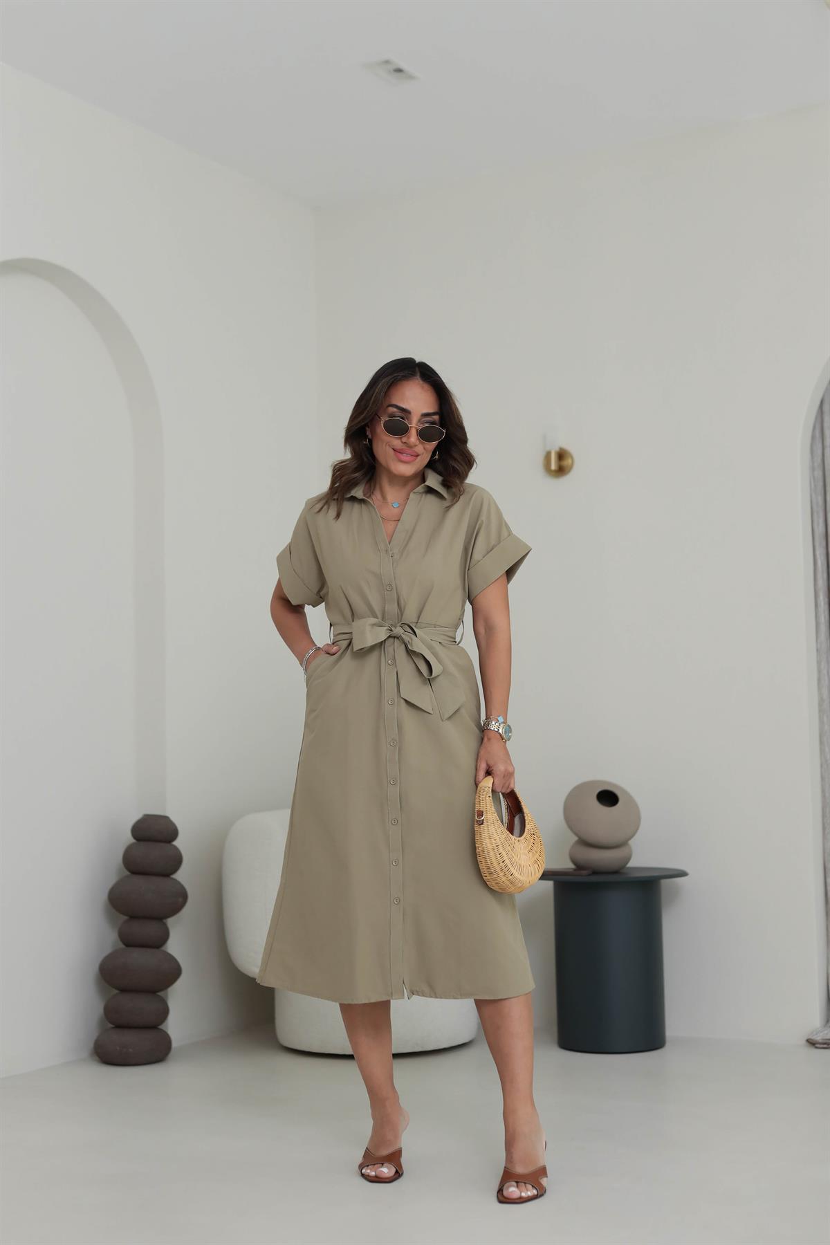 Orj Kuşaklı Gömlek Elbise HAKİ YEŞİL