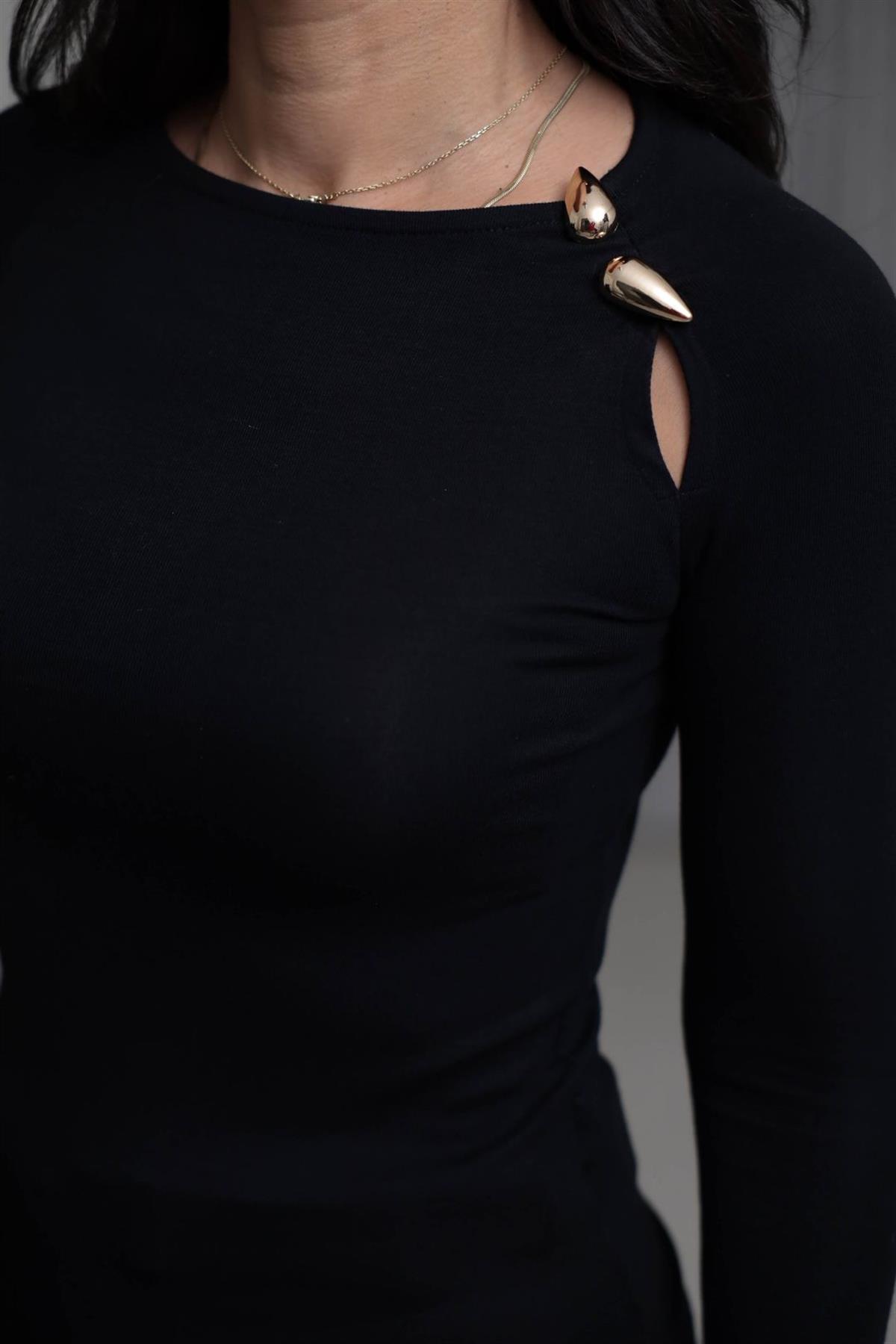 1063 Gold Aksesuarlı Modal Bluz SİYAH