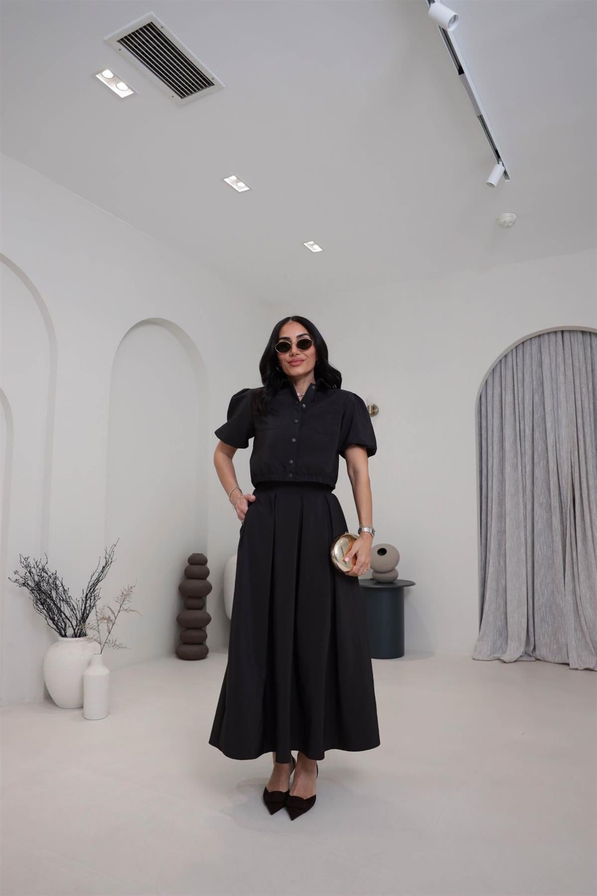 8075 Dokuma Cepli Gömlek Etek Takım KAHVE