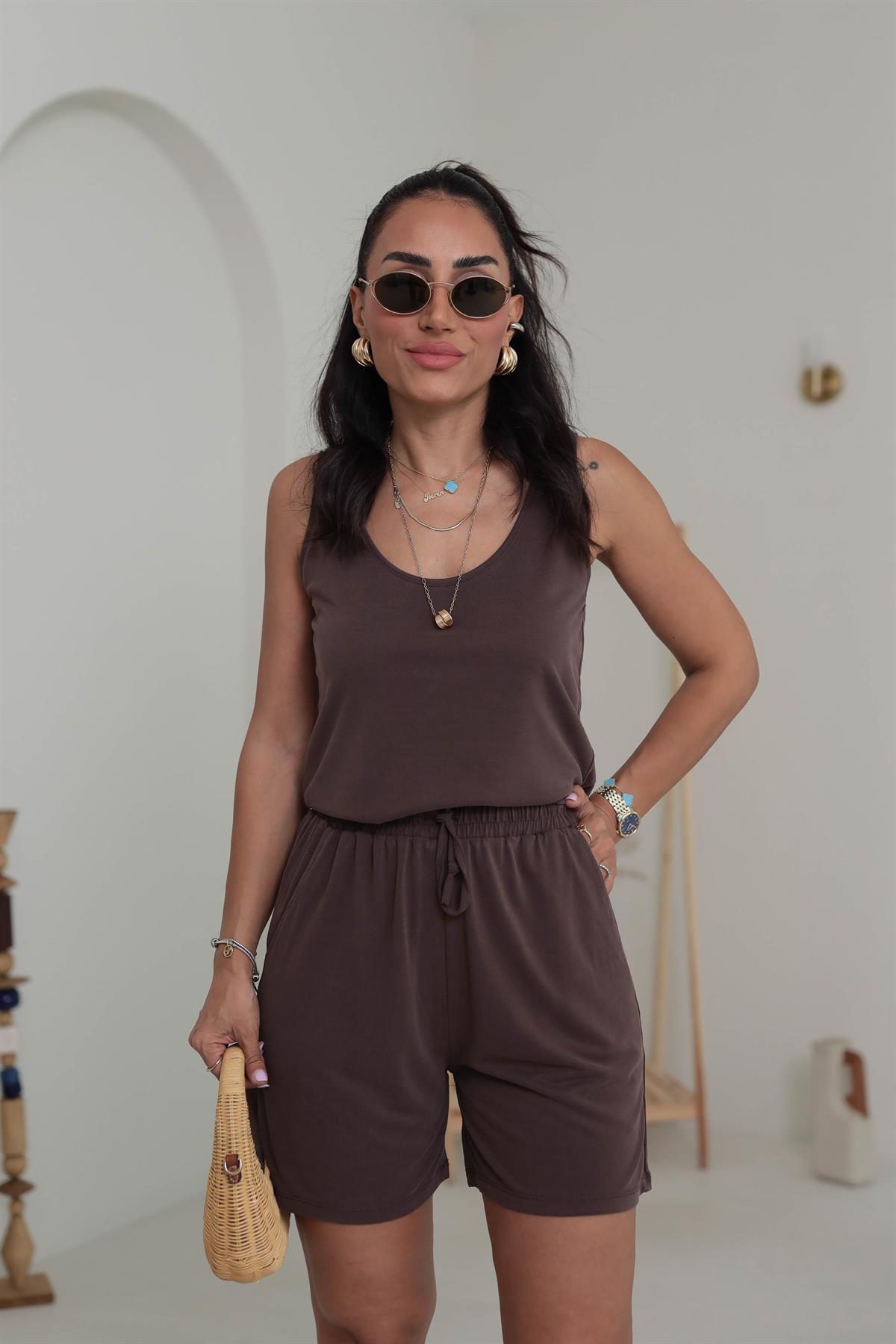 Kalın Askılı Şortlu Modal Takım KAHVE