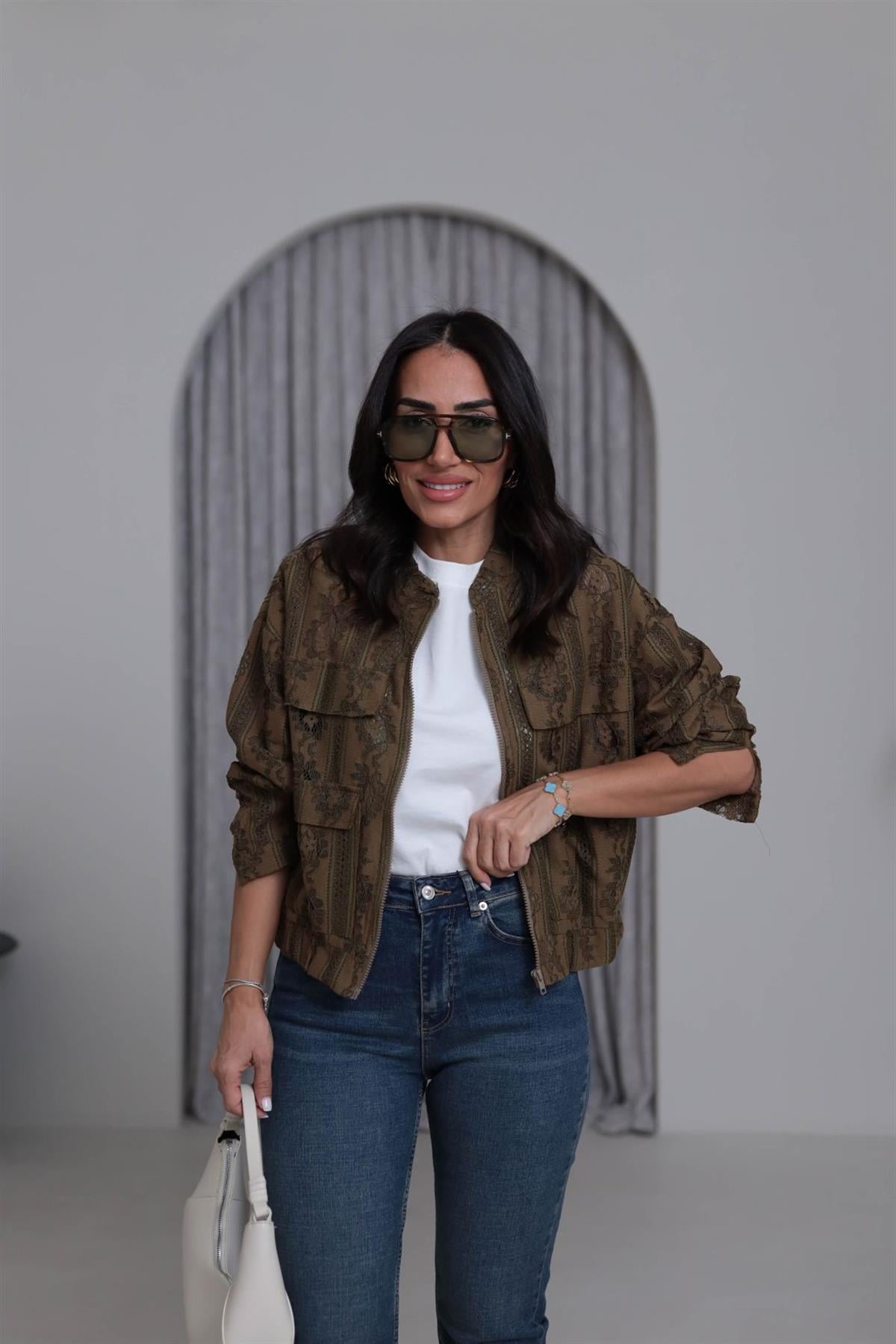 Fermuarlı Cep Kapaklı Dantelli Bomber Ceket HAKİ YEŞİL