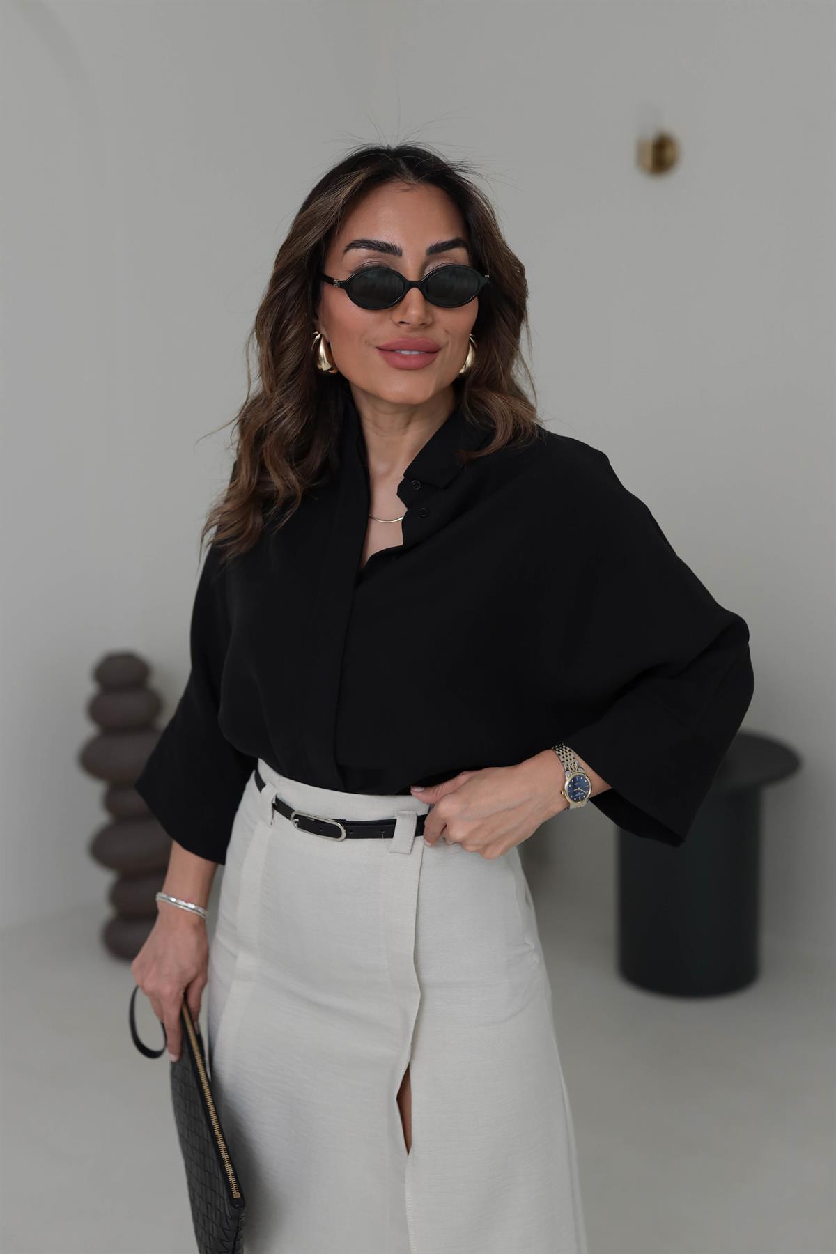 3440 Yarasa Kol Gizli Düğme Detaylı Rahat Gömlek SİYAH