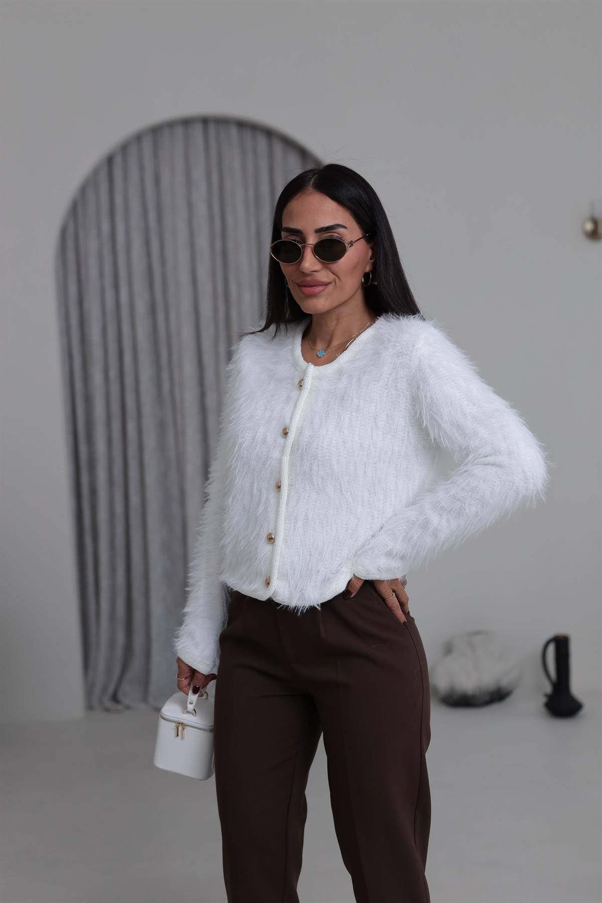 4938 Gold Düğme Detaylı Sakalı Hırka EKRU