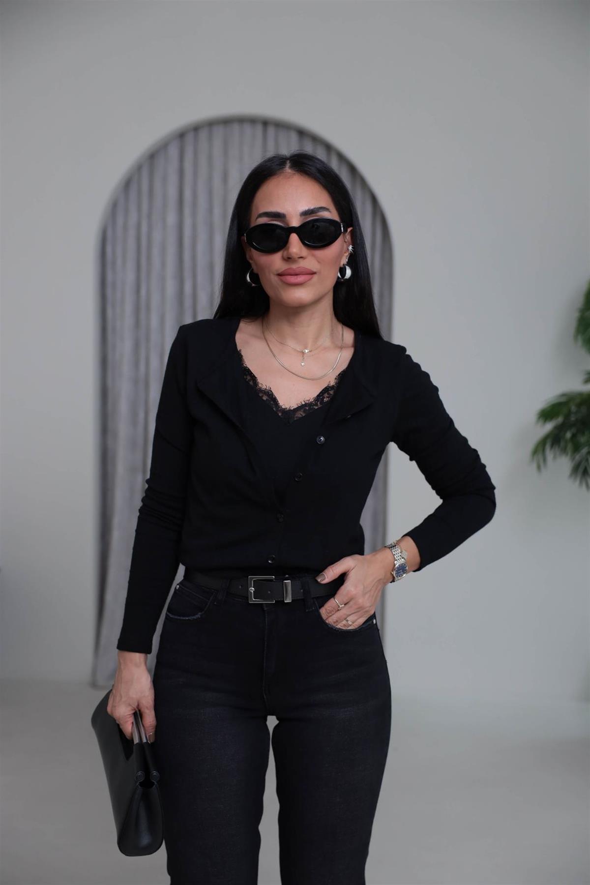 ZA Dantel Detaylı Atletli Hırka SİYAH