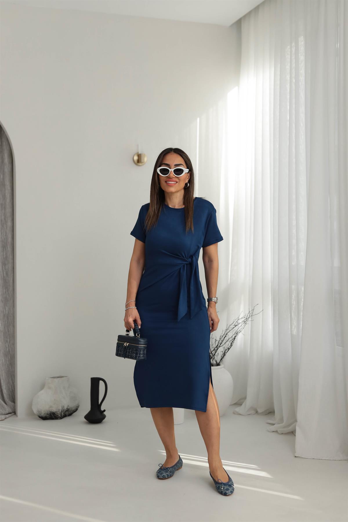 3182 Önden Bağlamalı Yanları Yırtmaçlı Penye Elbise LACİVERT